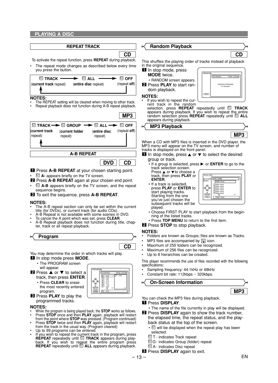 Hitachi DVP735U instruction manual Random Playback, Program, MP3 Playback, On-Screen Information 