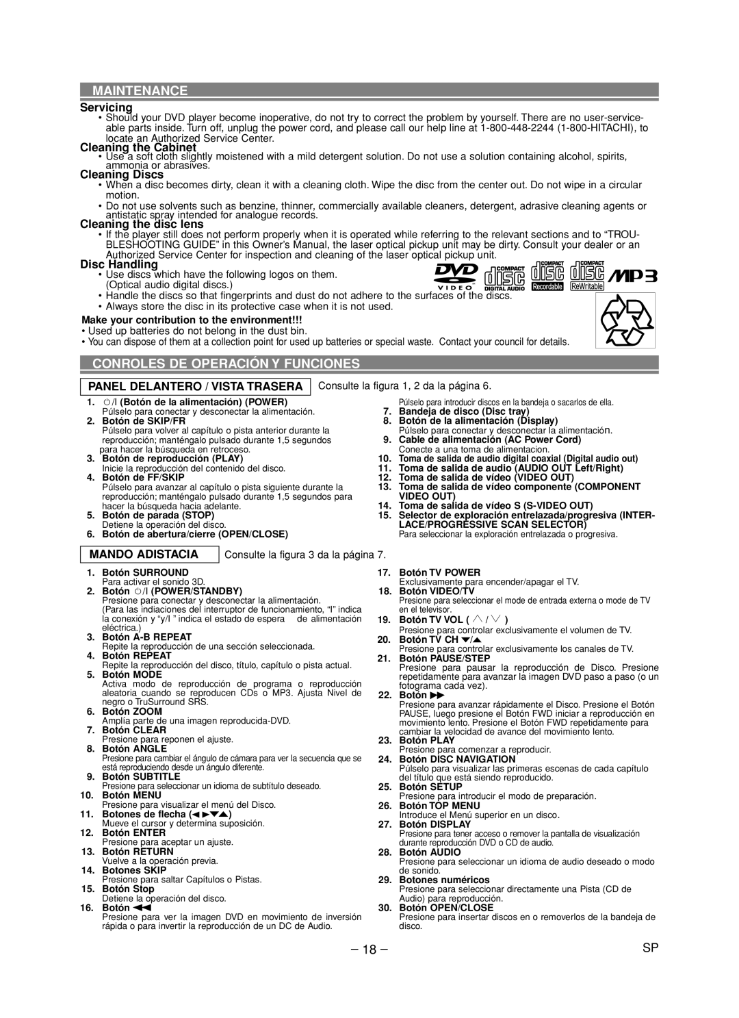 Hitachi DVP735U instruction manual Maintenance, Conroles DE Operación Y Funciones, Mando Adistacia 