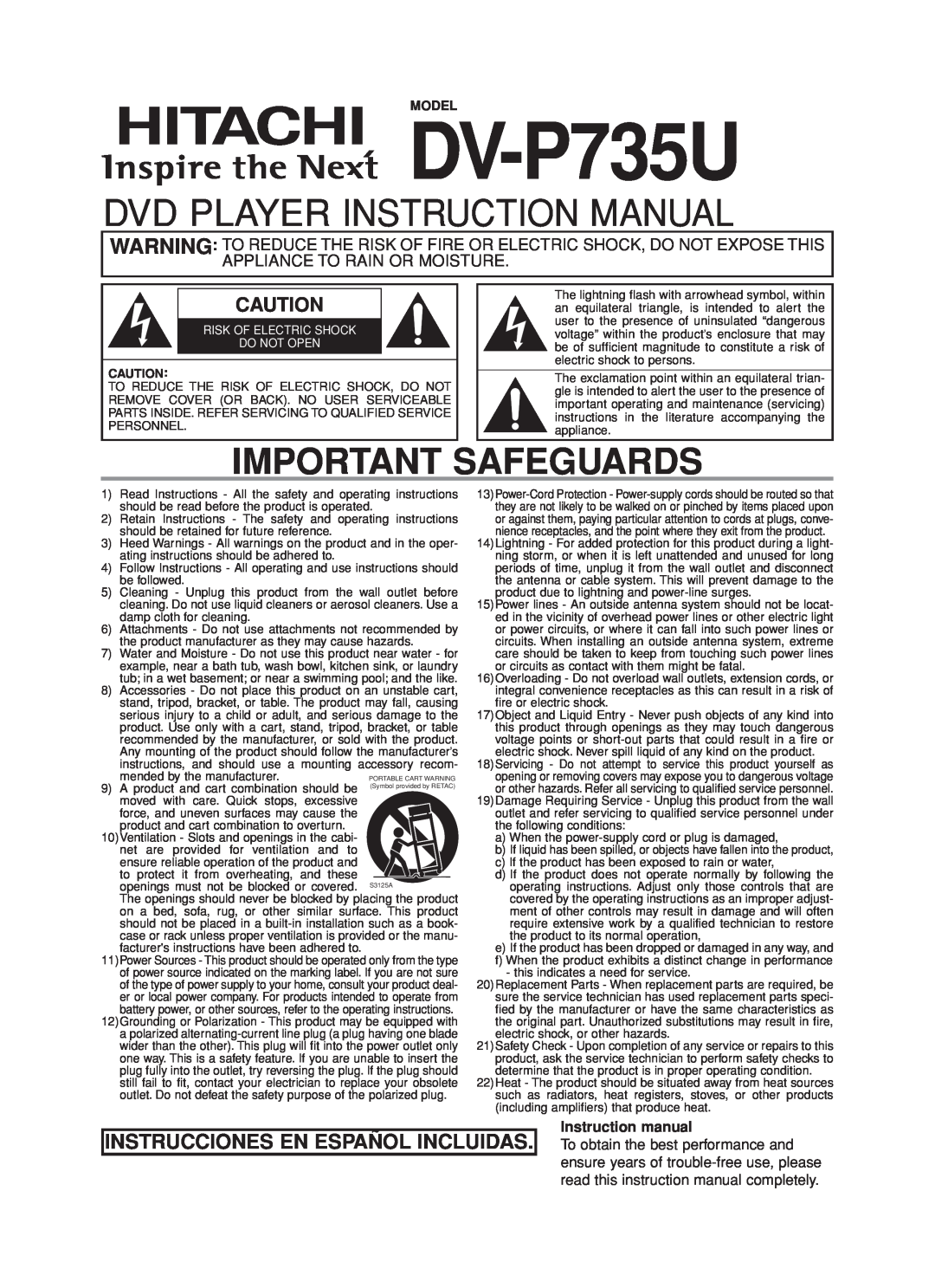 Hitachi DVP735U instruction manual DV-P735U, Dvd Player Instruction Manual, Important Safeguards 