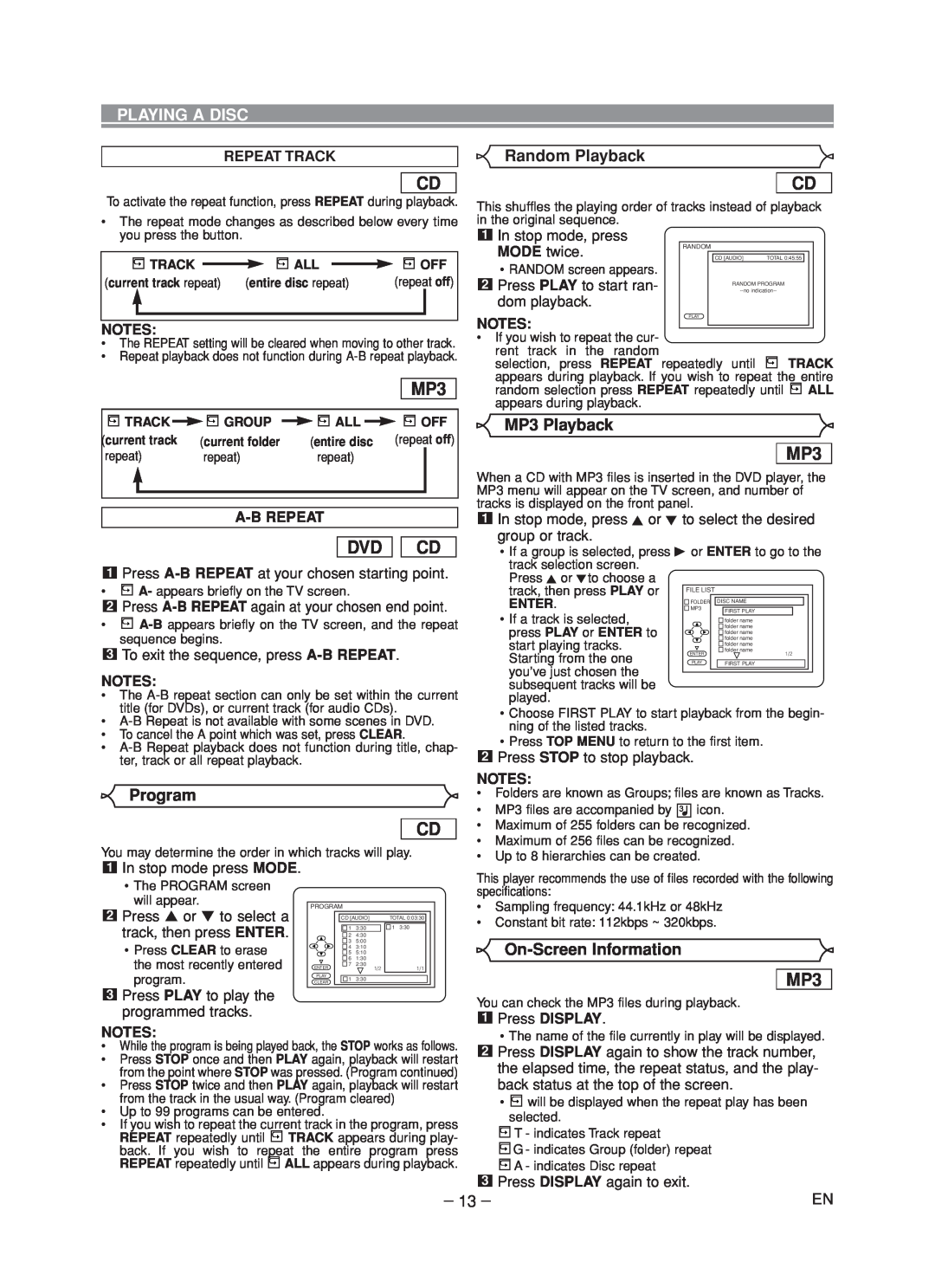 Hitachi DVP735U instruction manual Random Playback, Program, MP3 Playback, On-Screen Information, Dvd Cd, Playing A Disc 