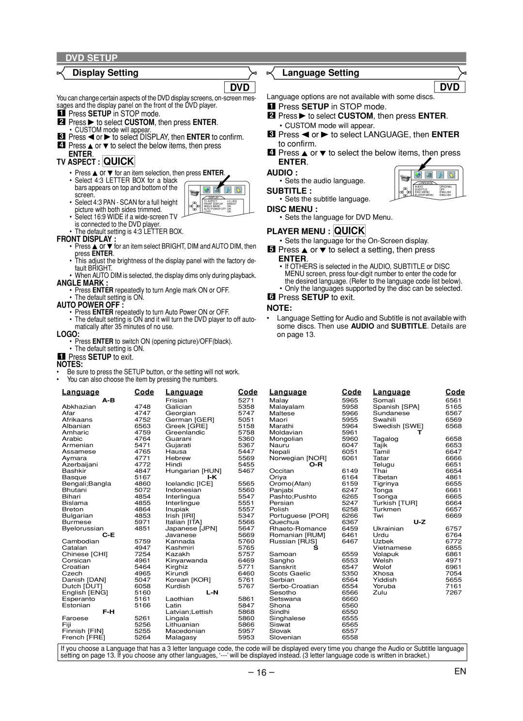 Hitachi DVP735U instruction manual Display Setting, Dvd Setup, Code 