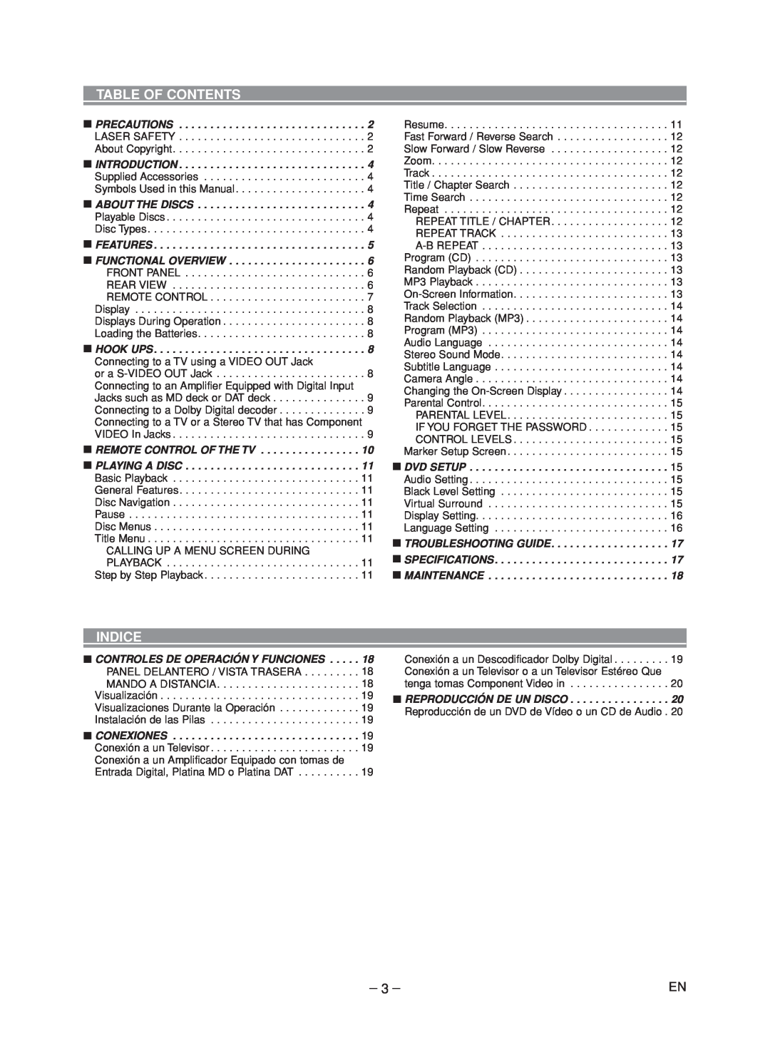 Hitachi DVP735U instruction manual Table Of Contents, Indice 