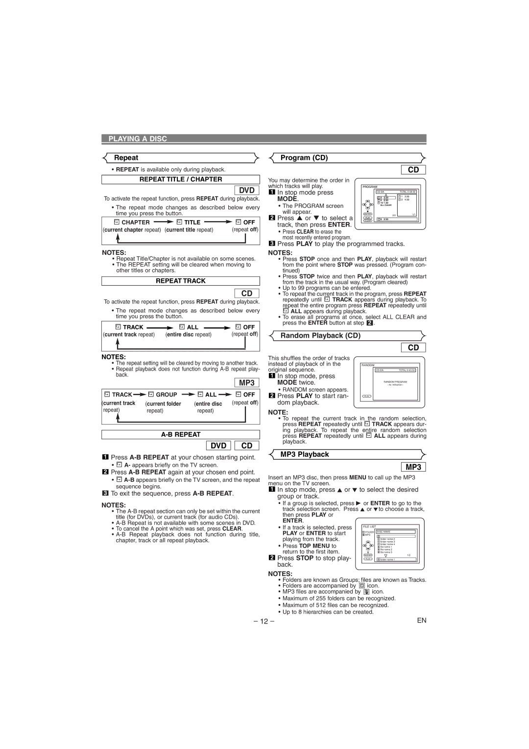 Hitachi DVP745U instruction manual Repeat Program CD, Random Playback CD, MP3 Playback 