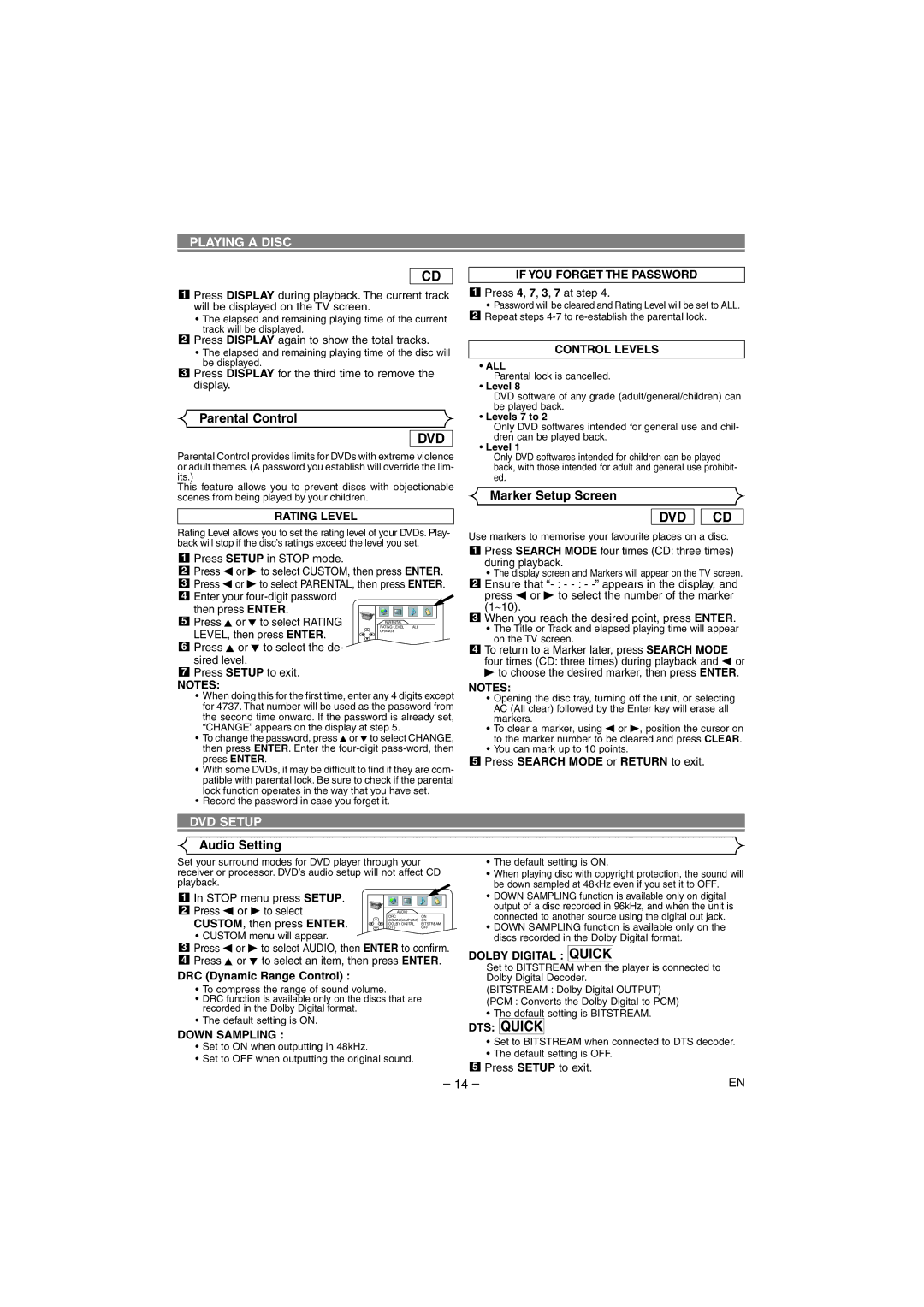 Hitachi DVP745U instruction manual Parental Control, Marker Setup Screen, DVD Setup, Audio Setting 