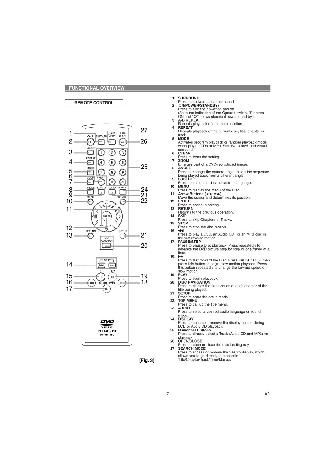 Hitachi DVP745U instruction manual Remote Control 