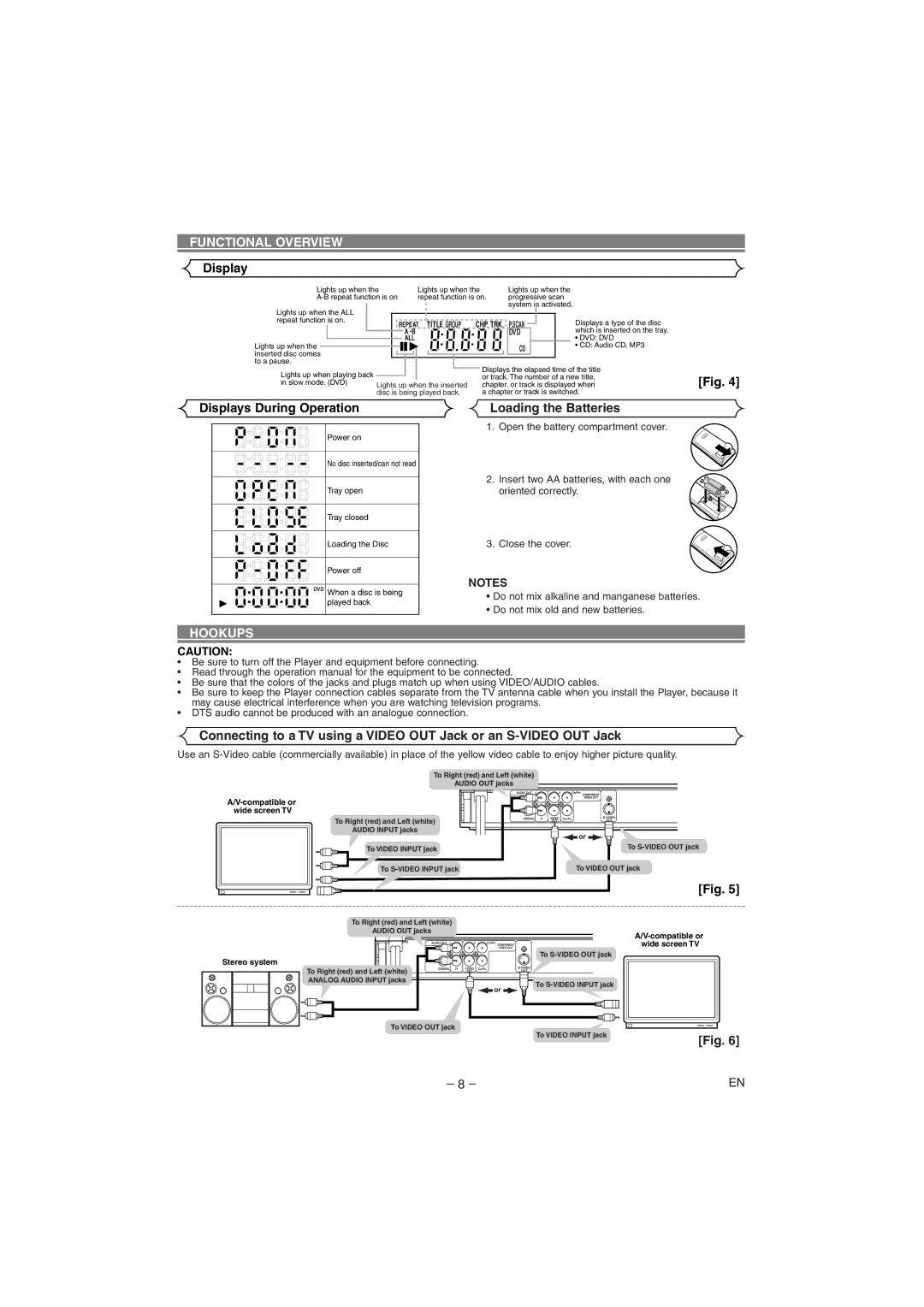 Hitachi DVP745U instruction manual Displays During Operation, Loading the Batteries, Hookups 