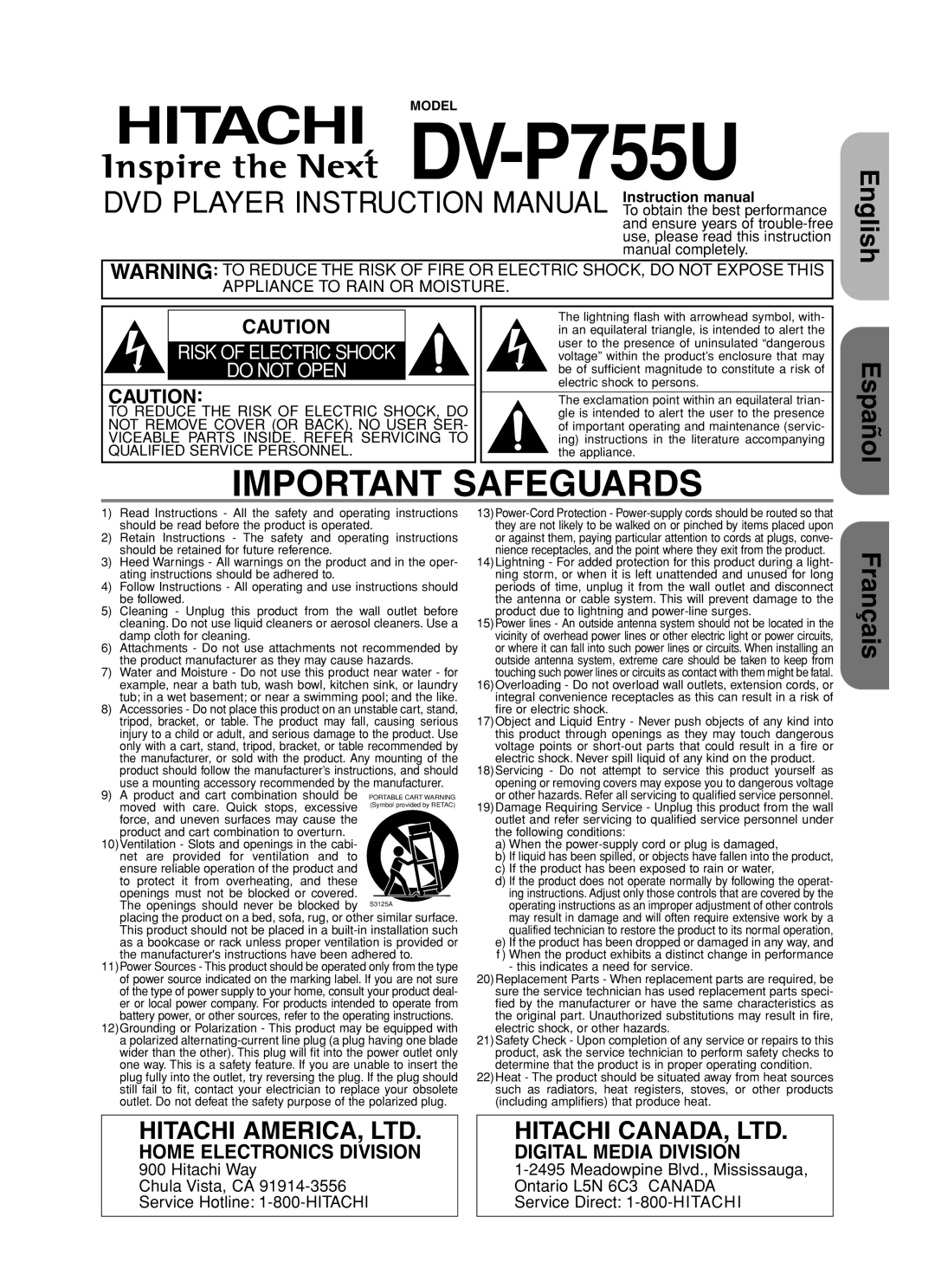 Hitachi DVP755U instruction manual DV-P755U, Model 