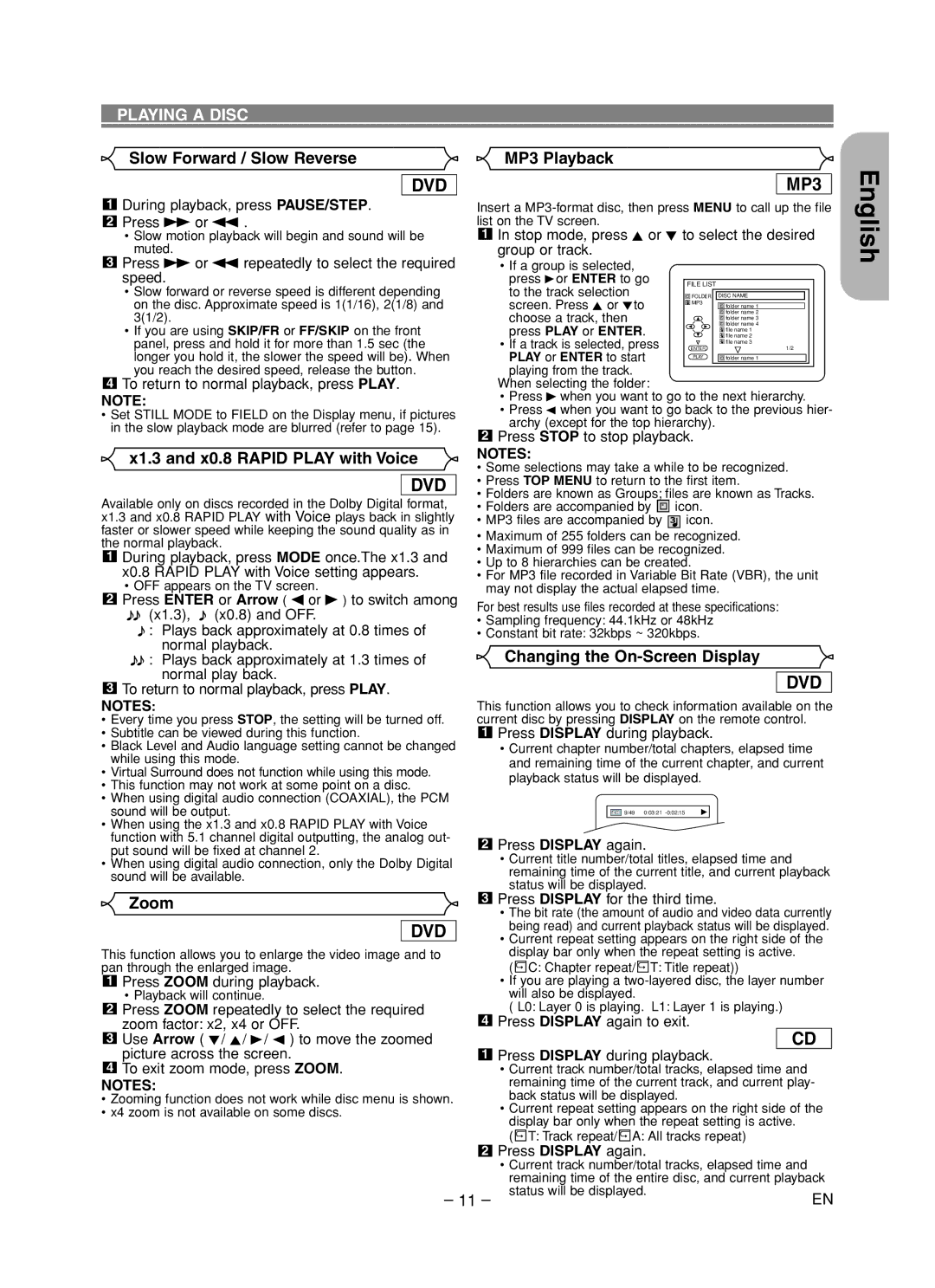 Hitachi DVP755U Slow Forward / Slow Reverse, X1.3 and x0.8 Rapid Play with Voice, Changing the On-Screen Display, Zoom 