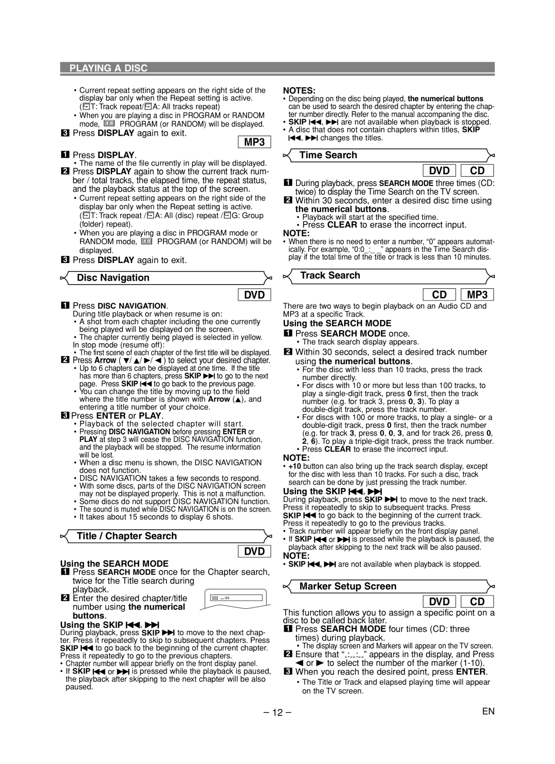 Hitachi DVP755U instruction manual Time Search, Disc Navigation, Title / Chapter Search, Track Search, Marker Setup Screen 