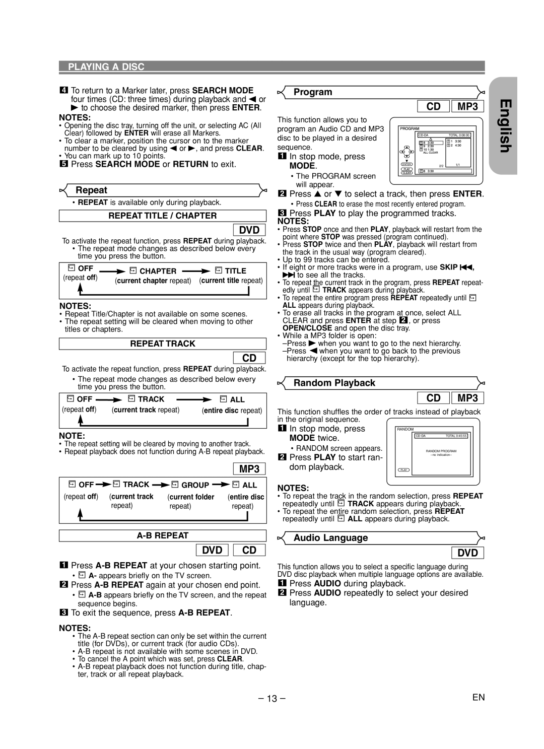 Hitachi DVP755U instruction manual Program, Repeat, Random Playback, Audio Language 