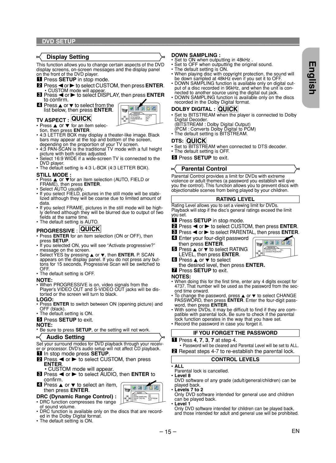 Hitachi DVP755U instruction manual Display Setting, Parental Control, Audio Setting 