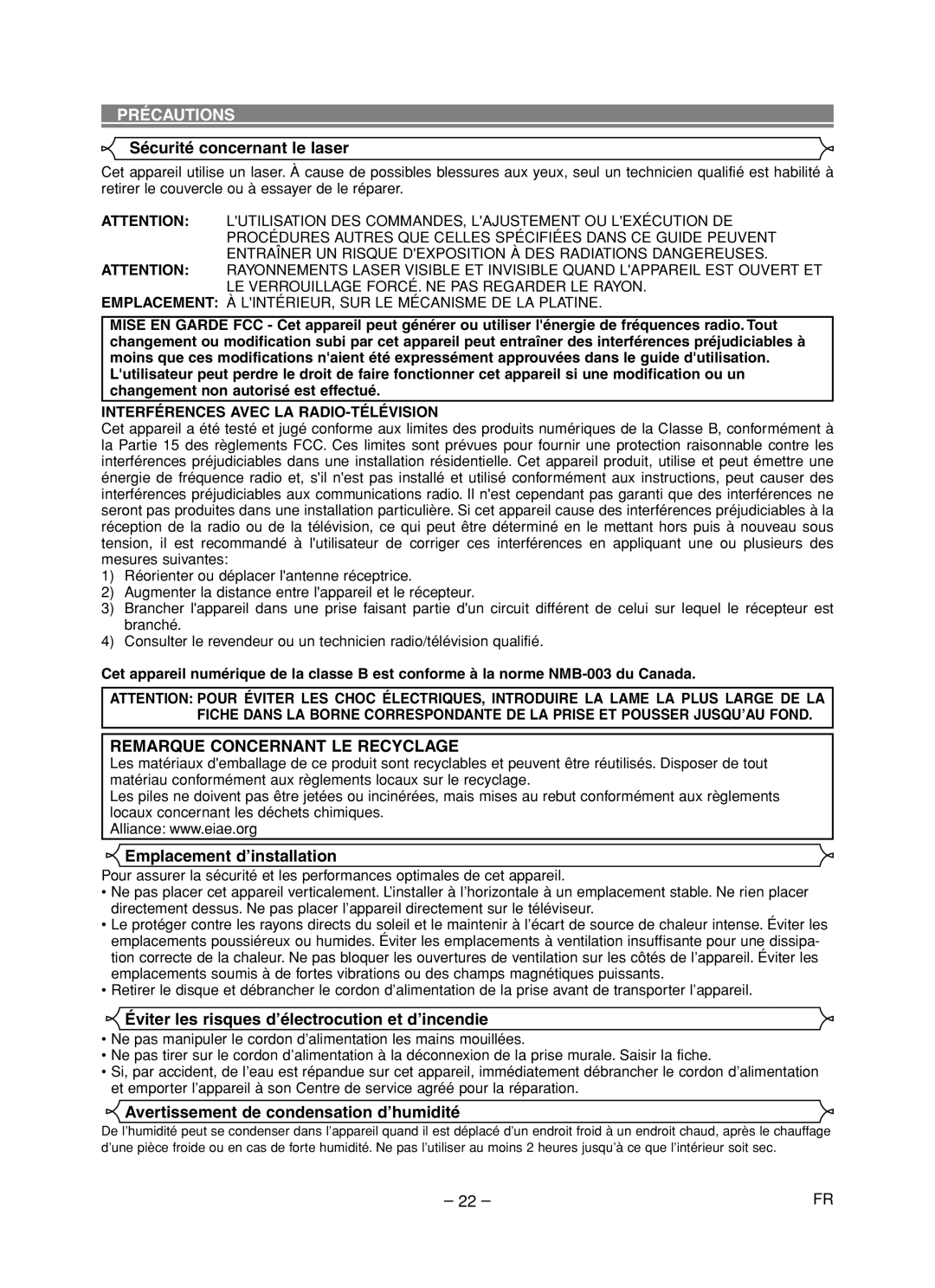 Hitachi DVP755U instruction manual Précautions, Sécurité concernant le laser, Emplacement d’installation 