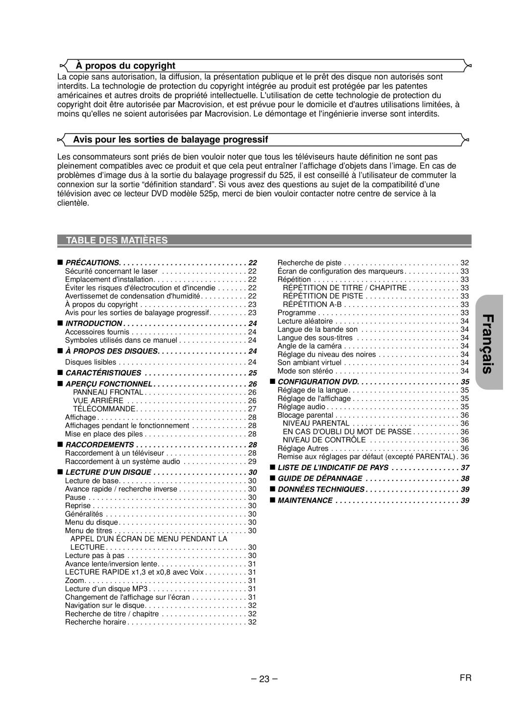 Hitachi DVP755U instruction manual Propos du copyright, Avis pour les sorties de balayage progressif, Table DES Matières 