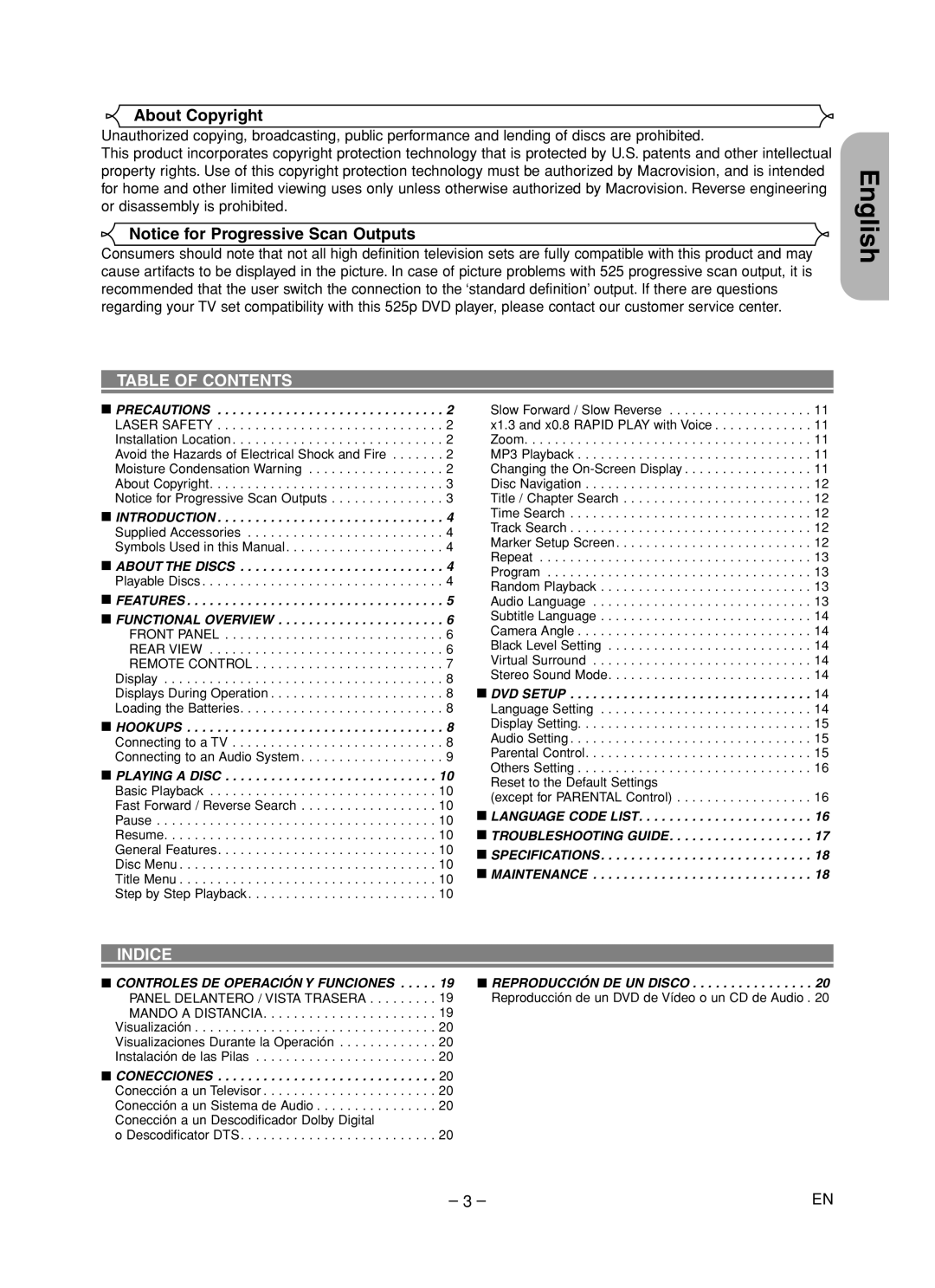 Hitachi DVP755U instruction manual Table of Contents, Indice 