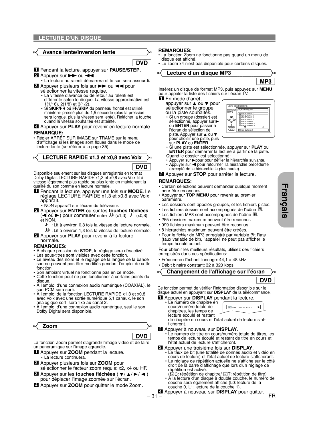 Hitachi DVP755U Avance lente/inversion lente, Lecture dun disque MP3, Lecture Rapide x1,3 et x0,8 avec Voix 