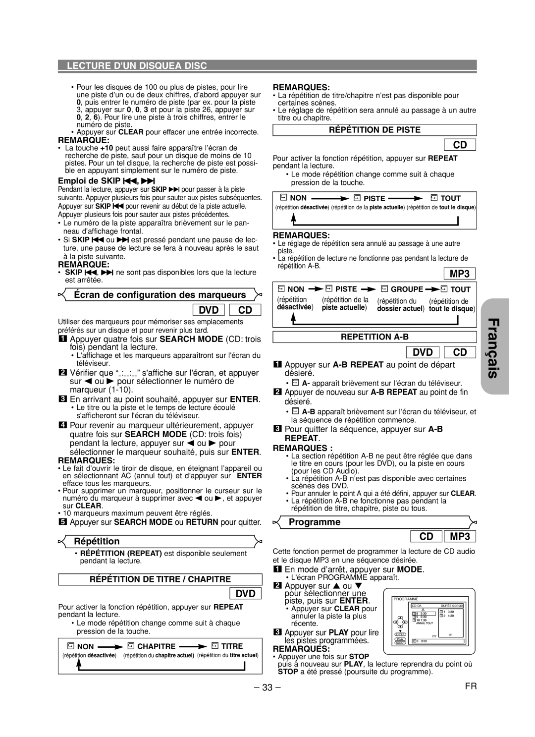 Hitachi DVP755U instruction manual Lecture DUN Disquea Disc, Écran de configuration des marqueurs, Répétition 