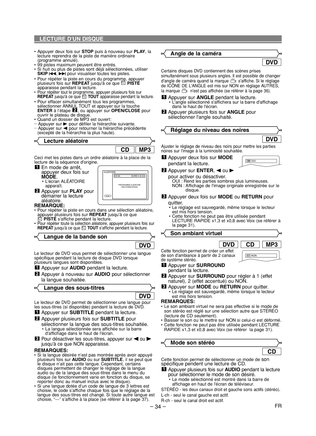 Hitachi DVP755U Lecture aléatoire, Angle de la caméra, Réglage du niveau des noires, Langue de la bande son 