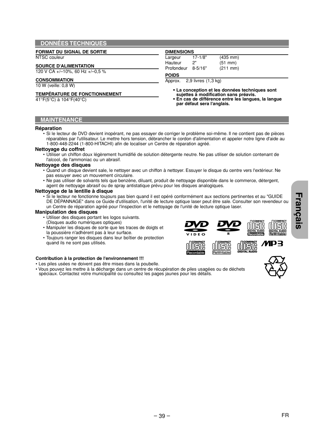 Hitachi DVP755U instruction manual Données Techniques 