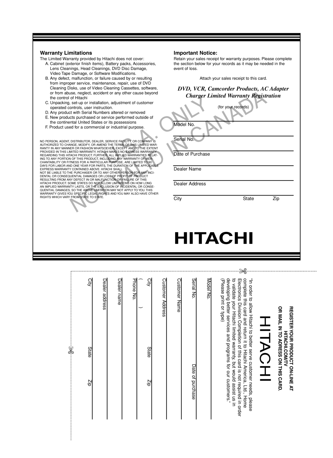 Hitachi DVP755U Warranty Limitations Important Notice, Limited Warranty provided by Hitachi does not cover 