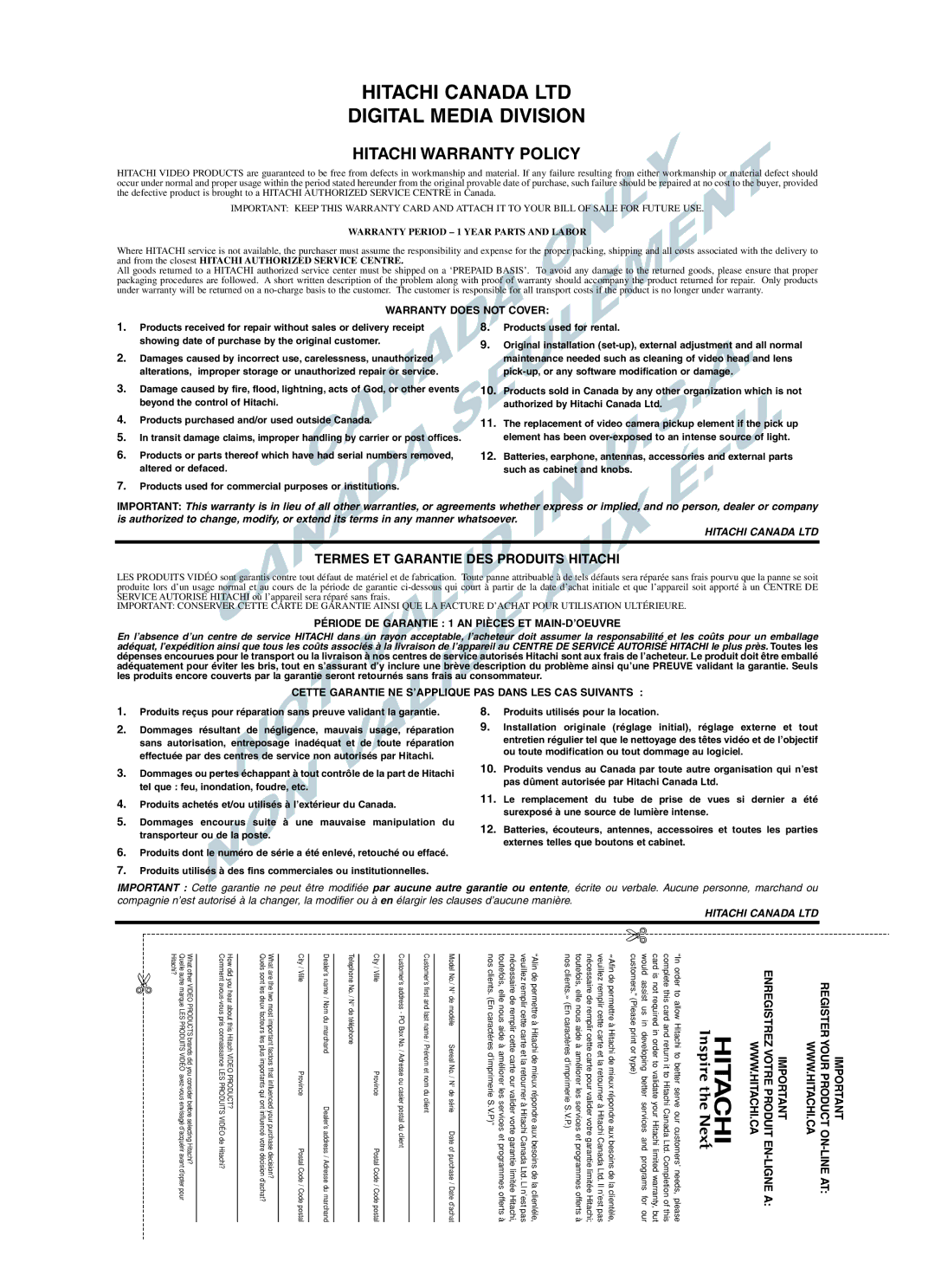 Hitachi DVP755U instruction manual Hitachi Warranty Policy, Termes ET Garantie DES Produits Hitachi 