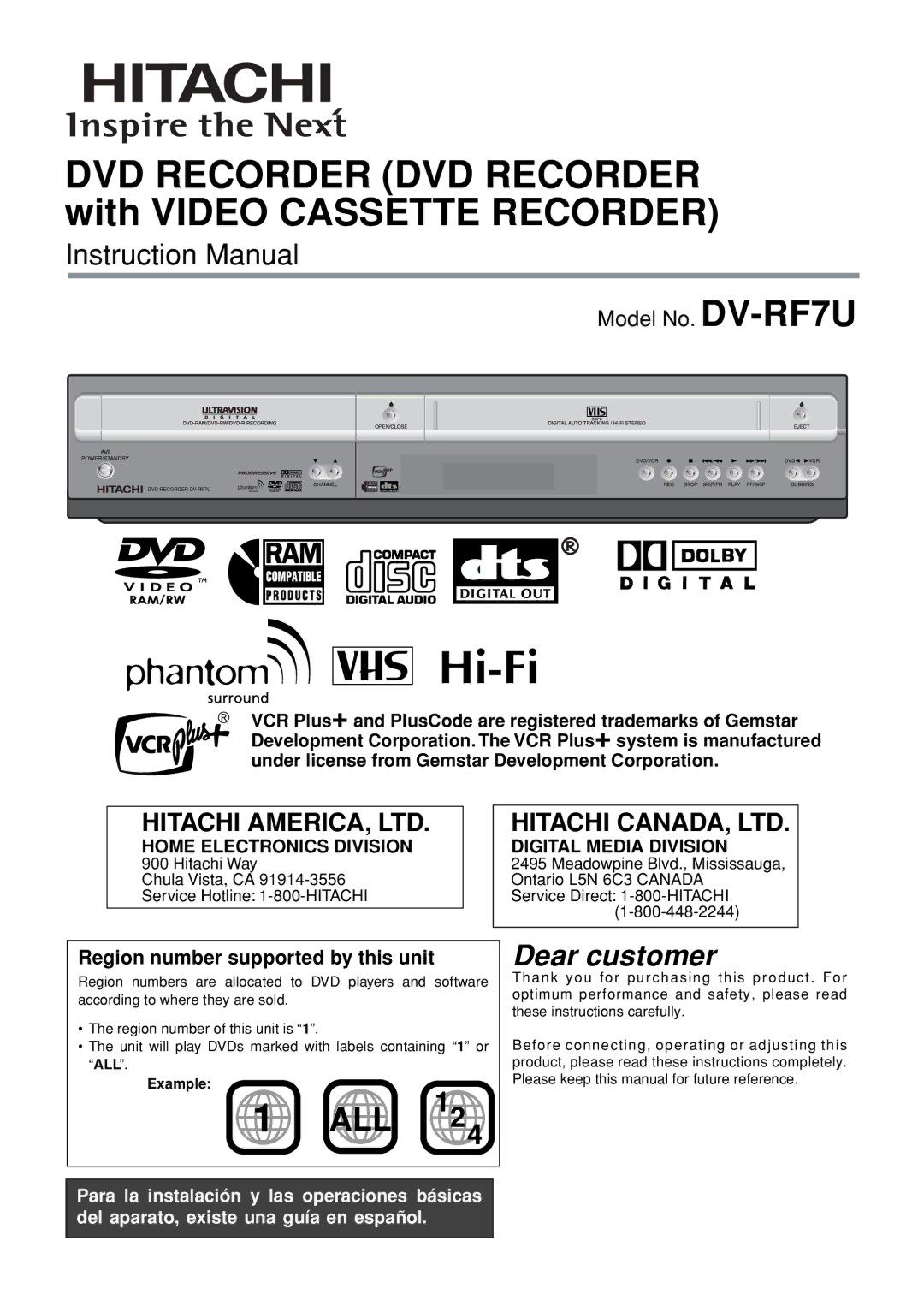 Hitachi DVRF7U instruction manual DVD Recorder DVD Recorder with Video Cassette Recorder 