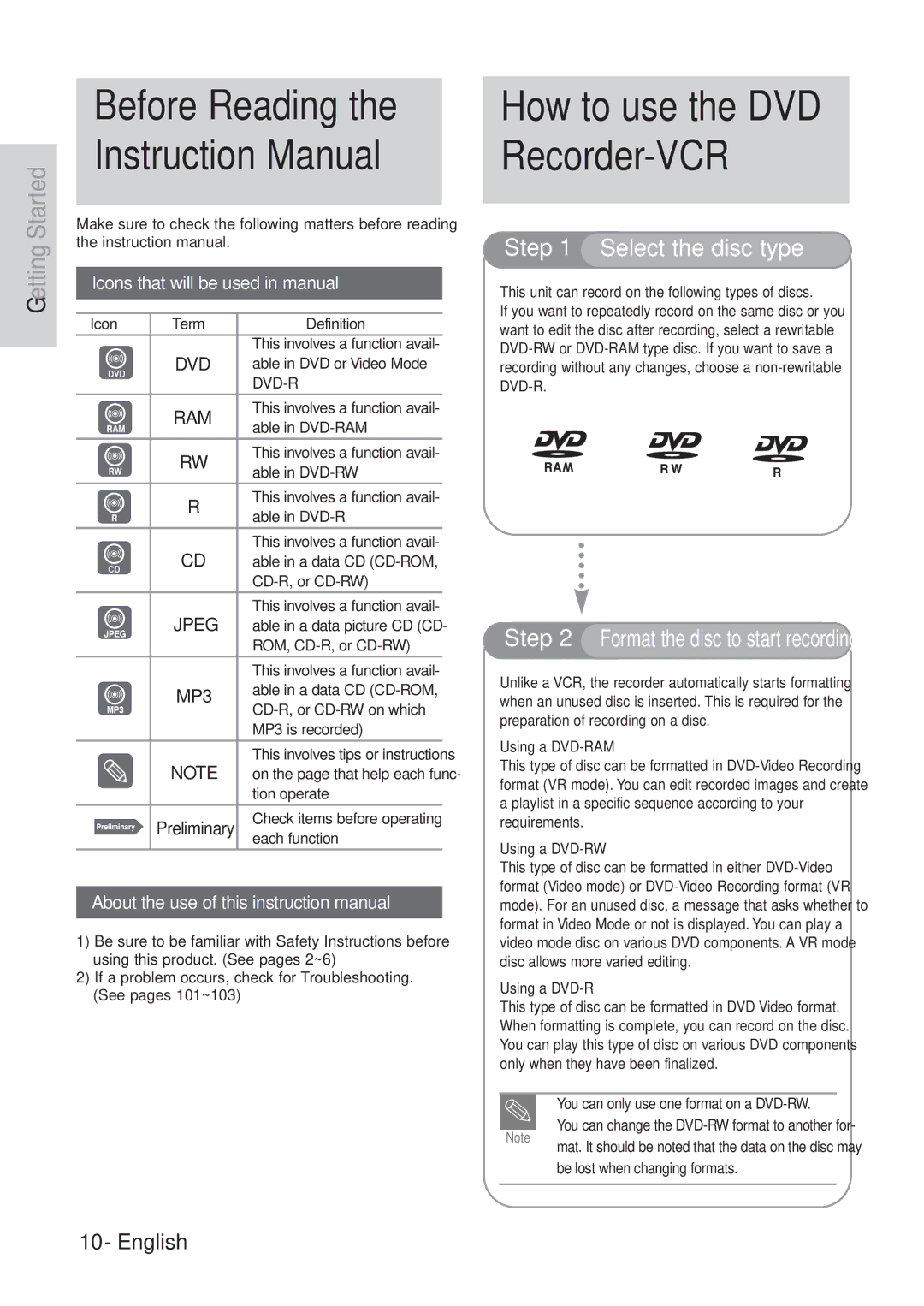 Hitachi DVRF7U instruction manual Before Reading, Using a DVD-RAM, Using a DVD-RW 