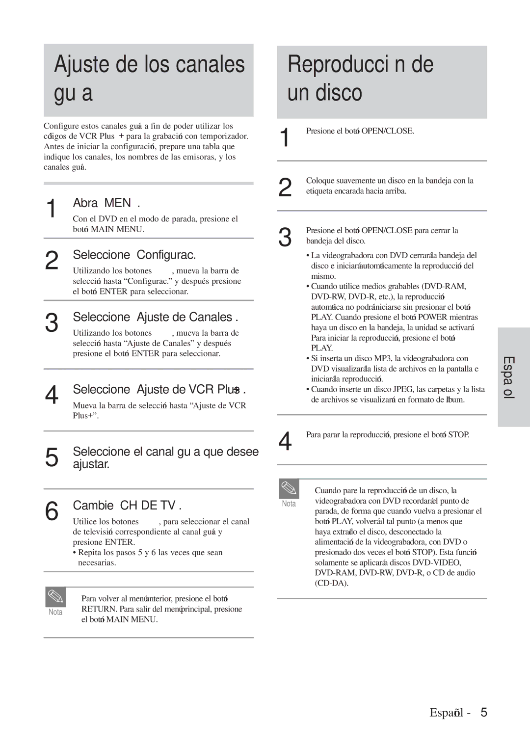 Hitachi DVRF7U instruction manual Ajuste de los canales guía, Cambie CH DE TV, Ajustar.Seleccione el canal guía que desee 