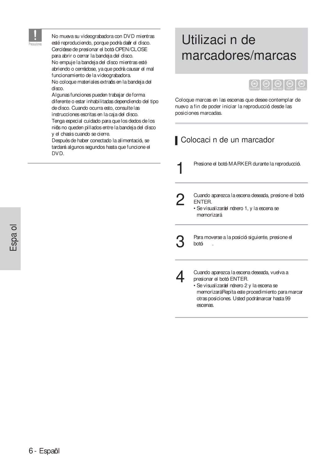 Hitachi DVRF7U instruction manual Colocación de un marcador 