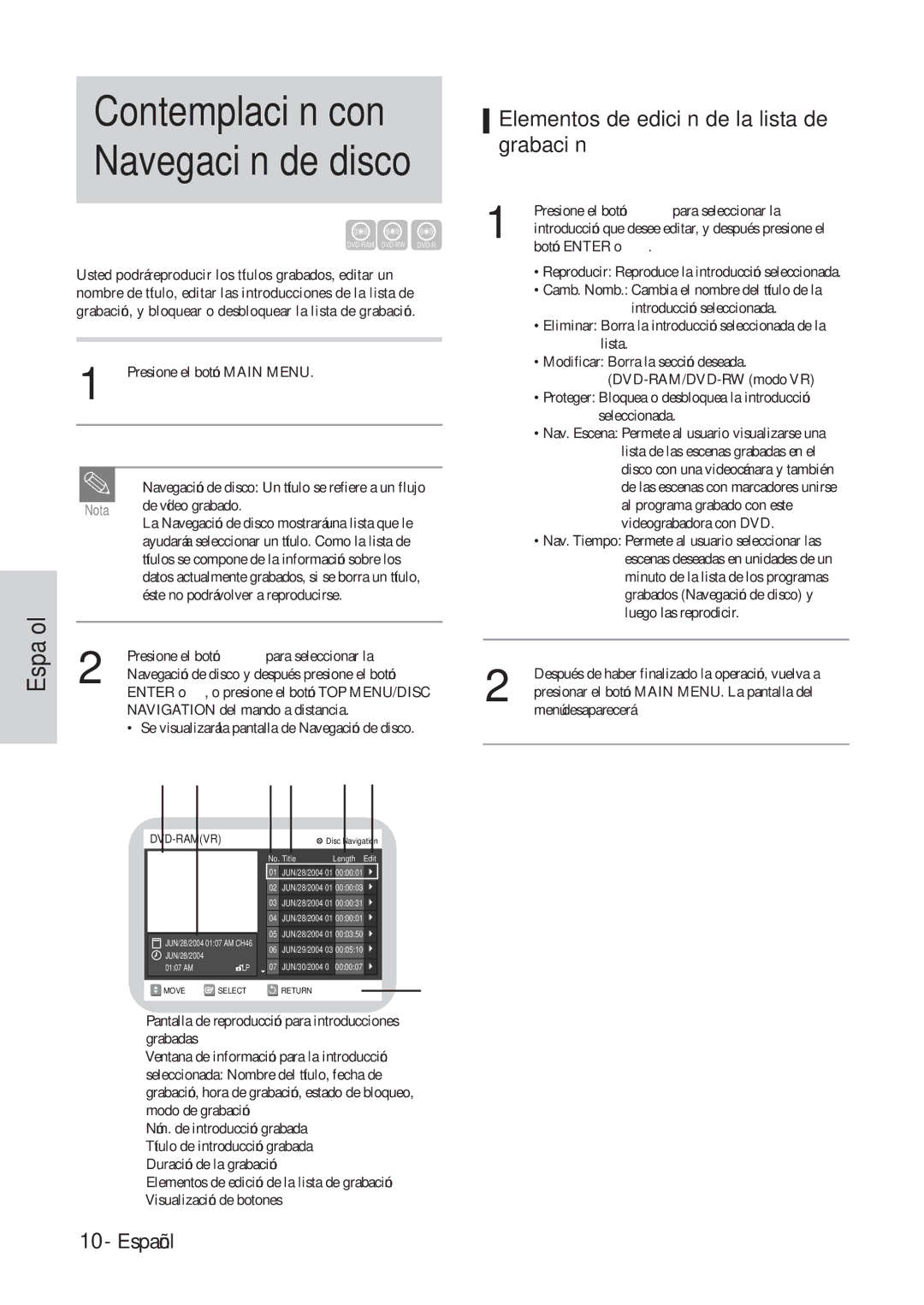 Hitachi DVRF7U instruction manual Contemplación con, Elementos de edición de la lista de grabación 