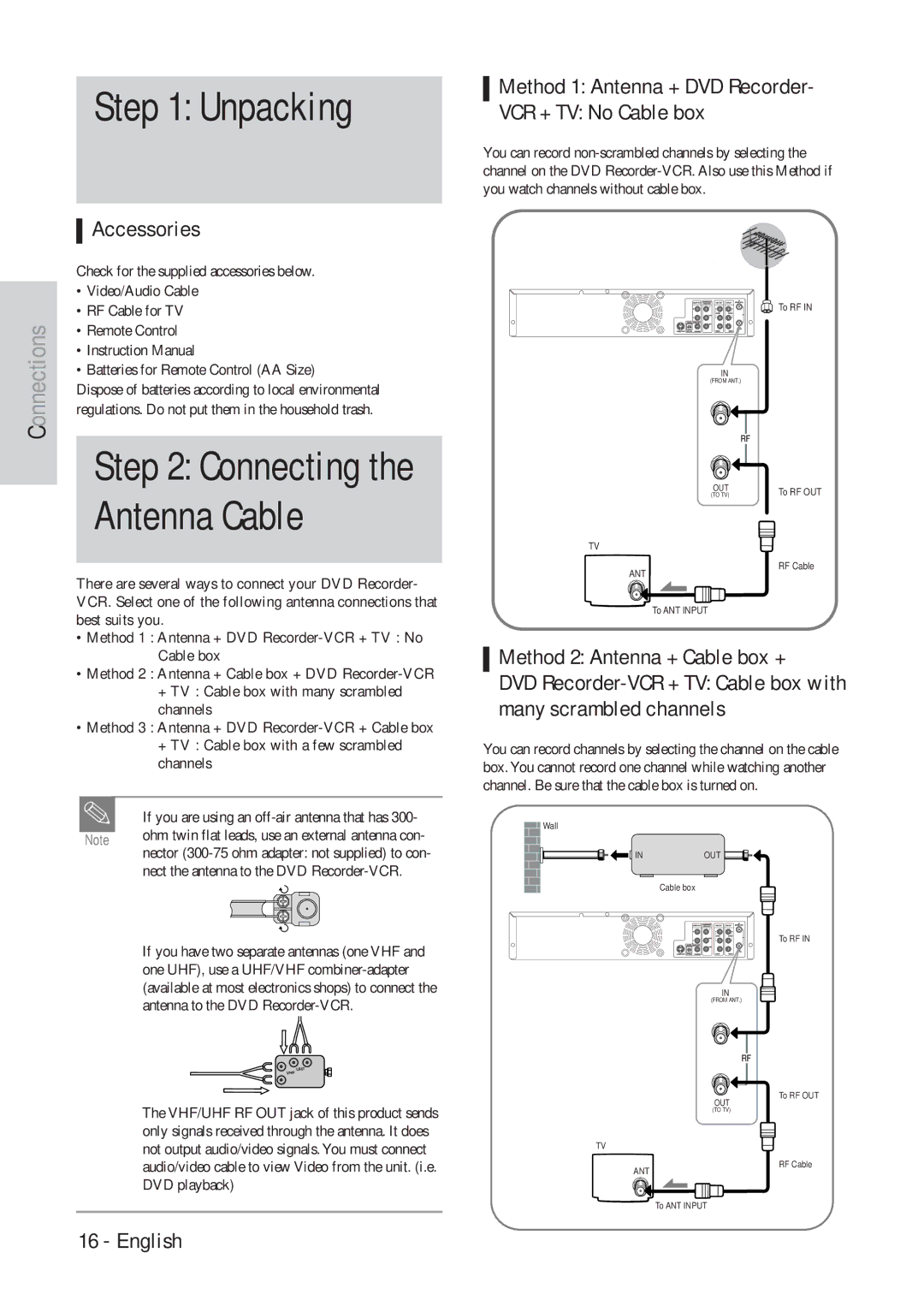 Hitachi DVRF7U instruction manual Unpacking, Accessories, Method 1 Antenna + DVD Recorder VCR + TV No Cable box 