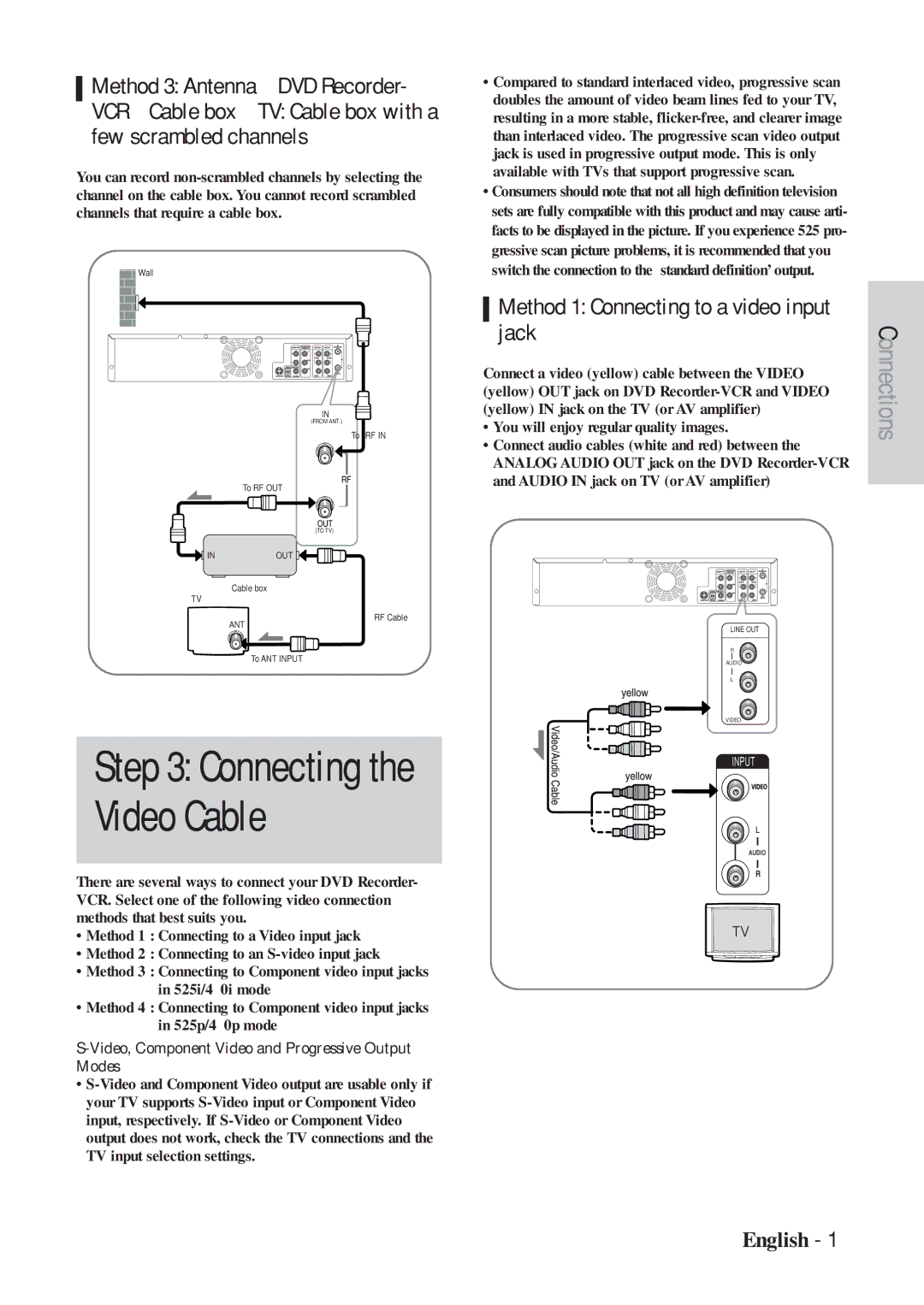 Hitachi DVRF7U Jack, Video, Component Video and Progressive Output Modes, Connect a video yellow cable between the Video 