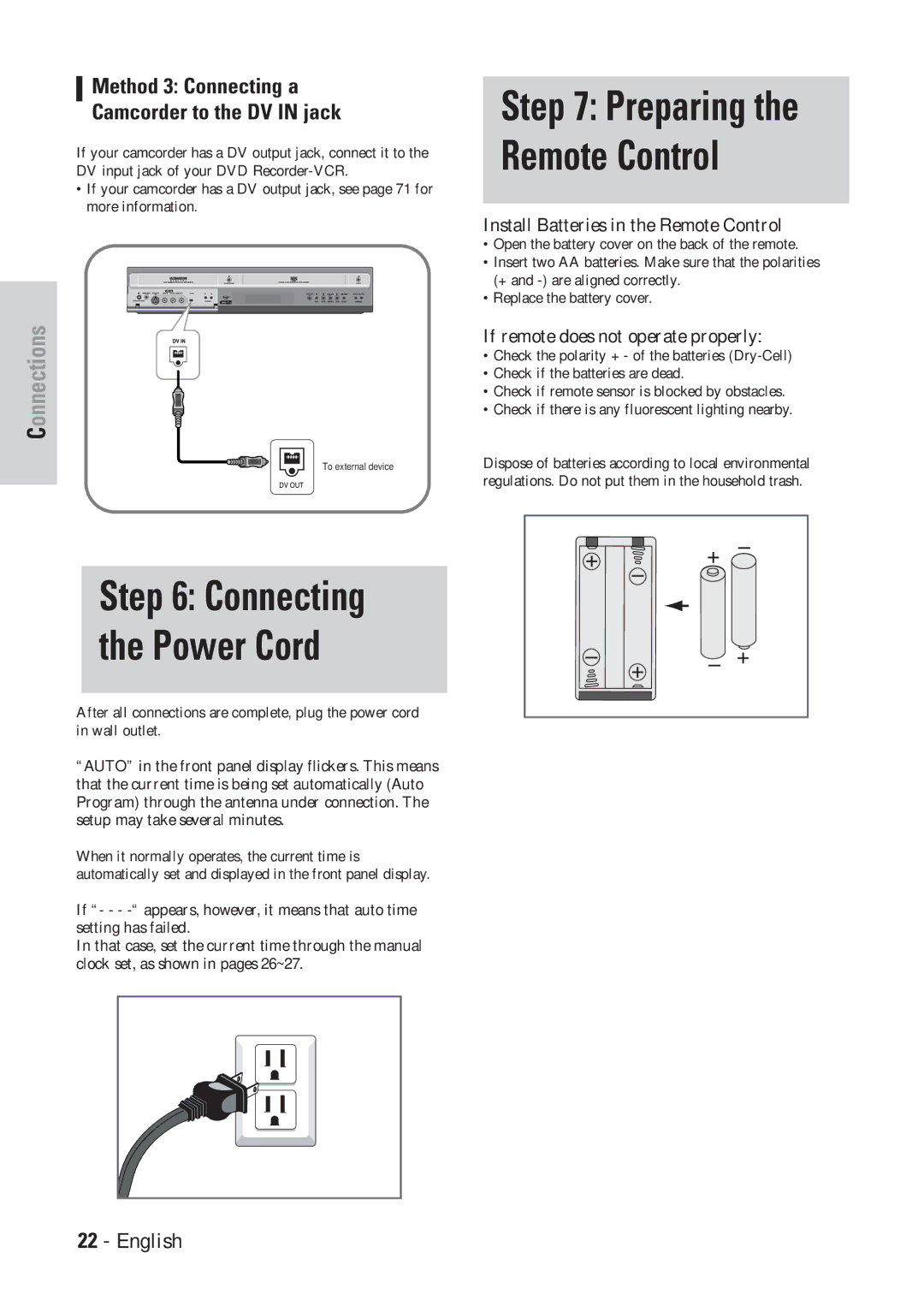 Hitachi DVRF7U instruction manual Connecting the Power Cord, Method 3 Connecting a Camcorder to the DV in jack 