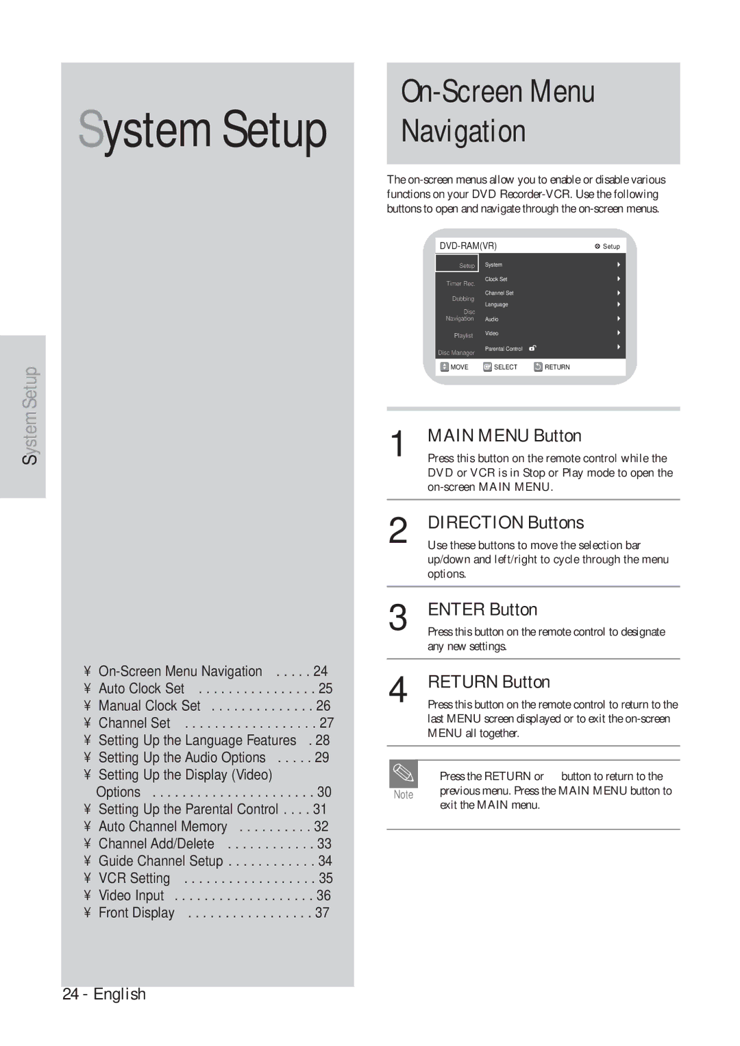 Hitachi DVRF7U On-Screen Menu Navigation, Main Menu Button, Direction Buttons, Enter Button, Return Button 