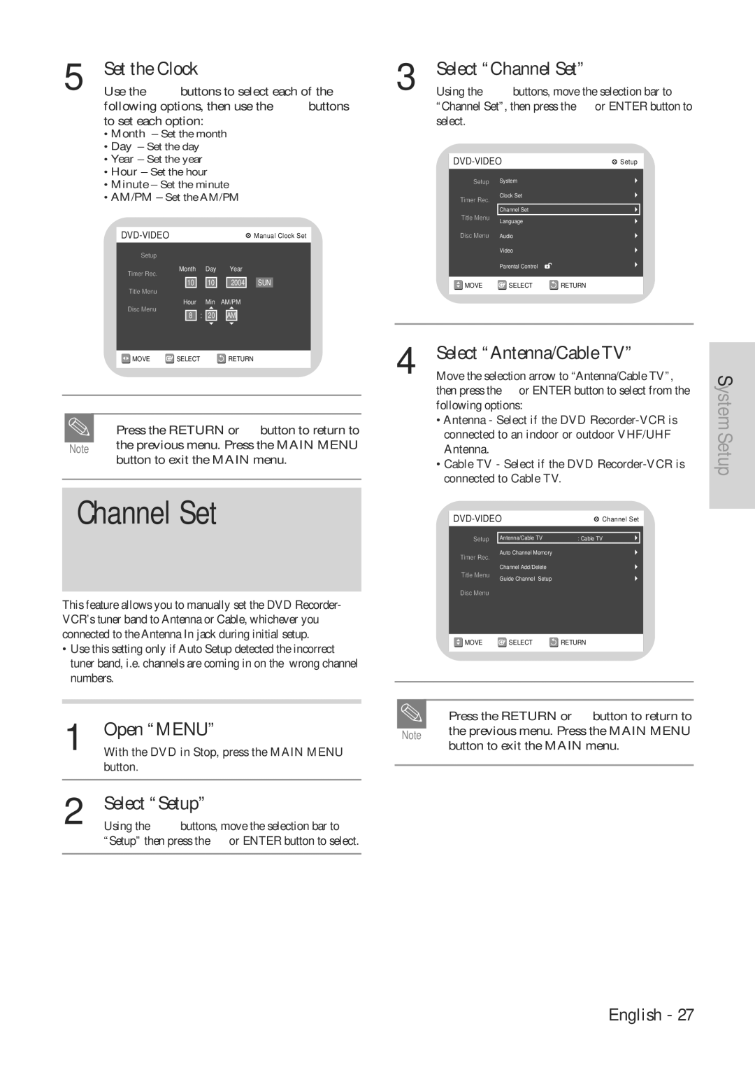 Hitachi DVRF7U instruction manual Set the Clock, Select Channel Set, Select Antenna/Cable TV 