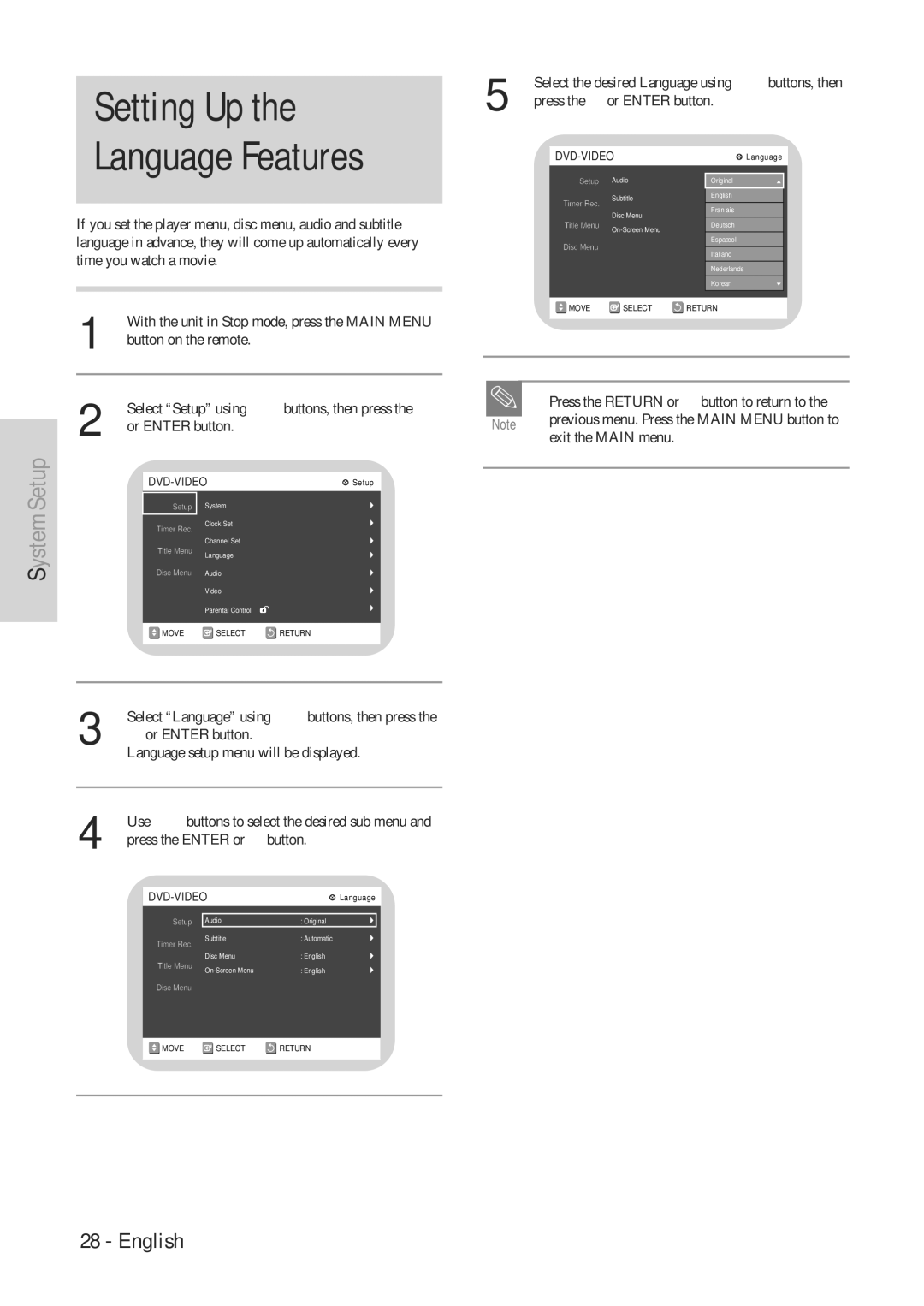 Hitachi DVRF7U instruction manual Setting Up Language Features, Select Language using 34buttons, then press 