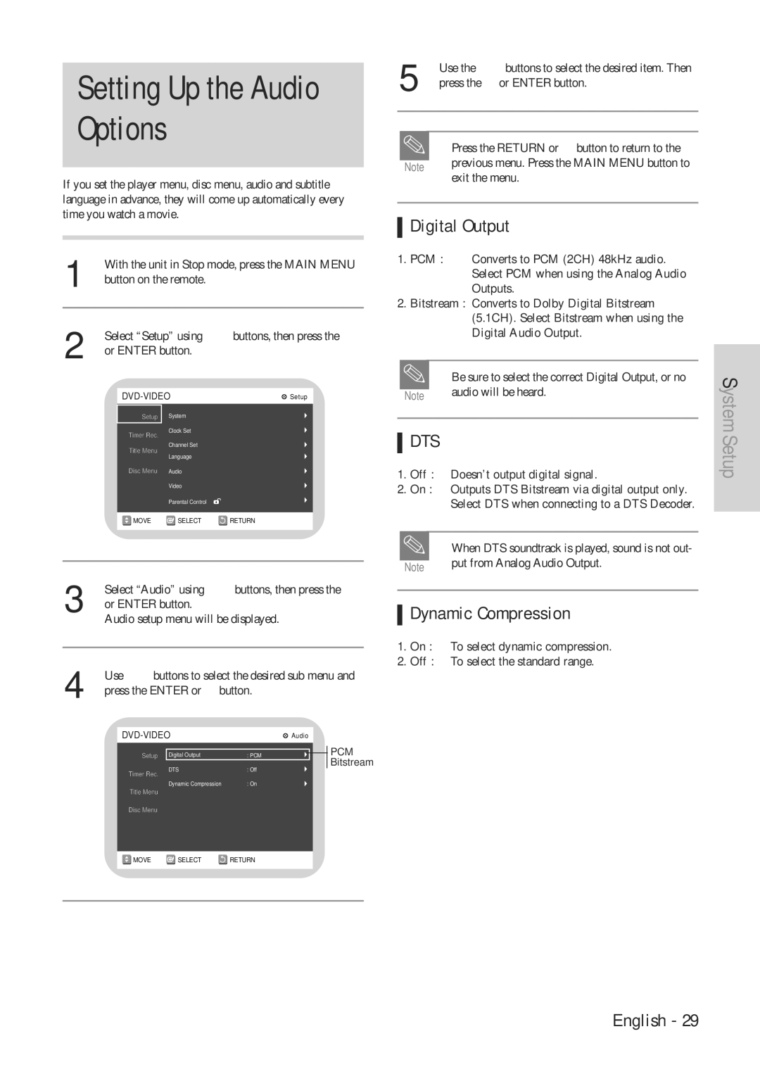 Hitachi DVRF7U instruction manual Setting Up the Audio Options, Digital Output, Dynamic Compression 