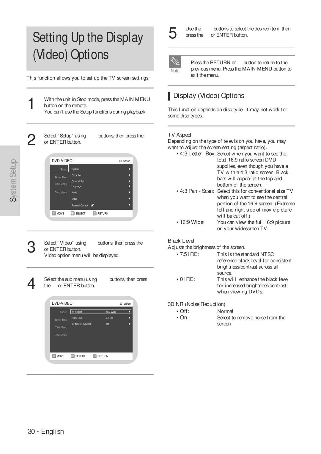 Hitachi DVRF7U instruction manual Setting Up the Display Video Options 