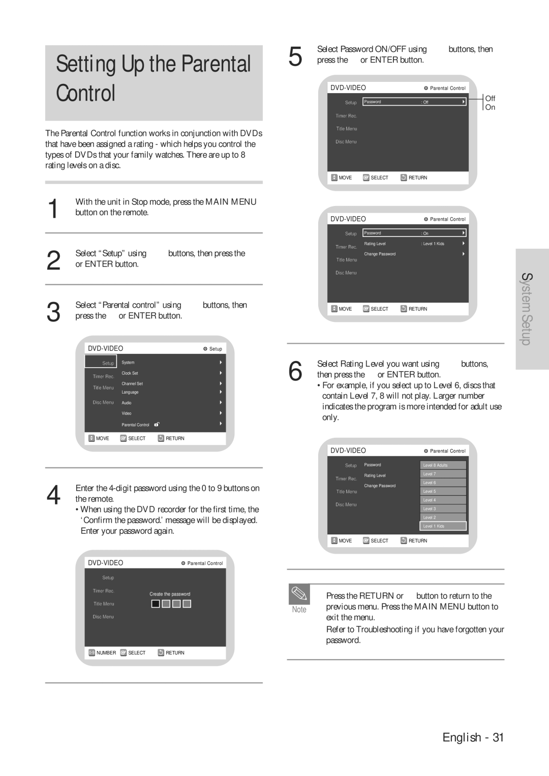 Hitachi DVRF7U instruction manual Setting Up the Parental Control, Select Rating Level you want using 34buttons, Remote 