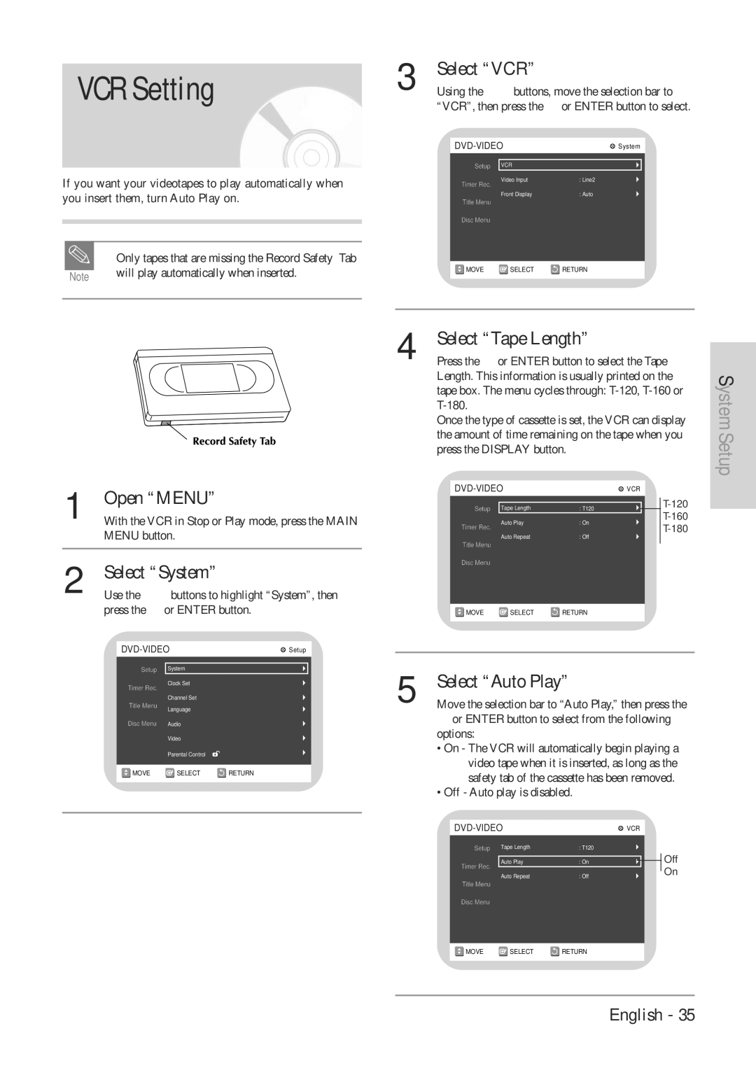 Hitachi DVRF7U VCR Setting, Select VCR, Select System, Select Auto Play, 1or Enter button to select from the following 