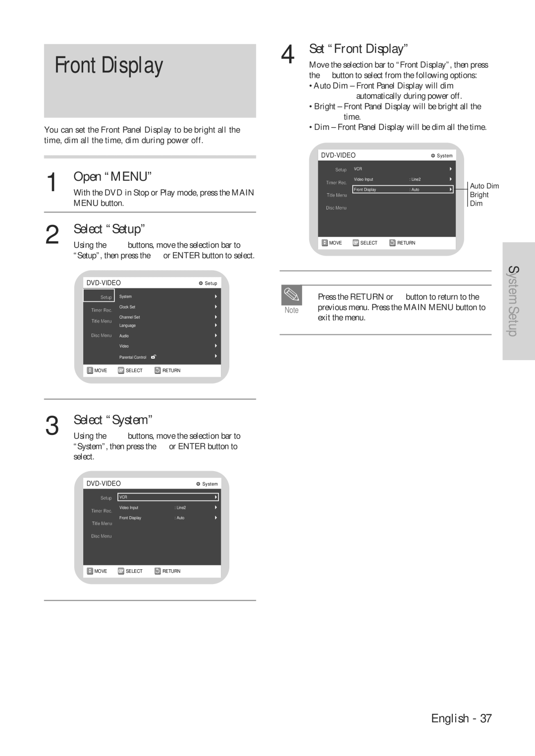 Hitachi DVRF7U instruction manual Set Front Display, 1button to select from the following options 