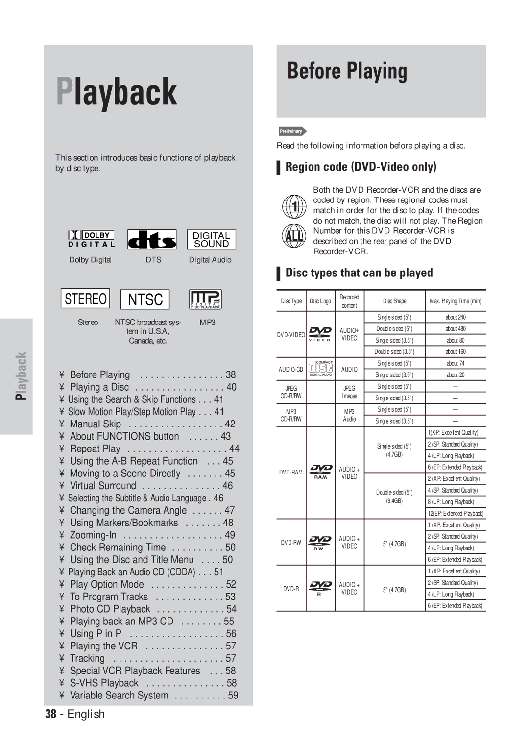 Hitachi DVRF7U instruction manual Before Playing, Region code DVD-Video only, Disc types that can be played 