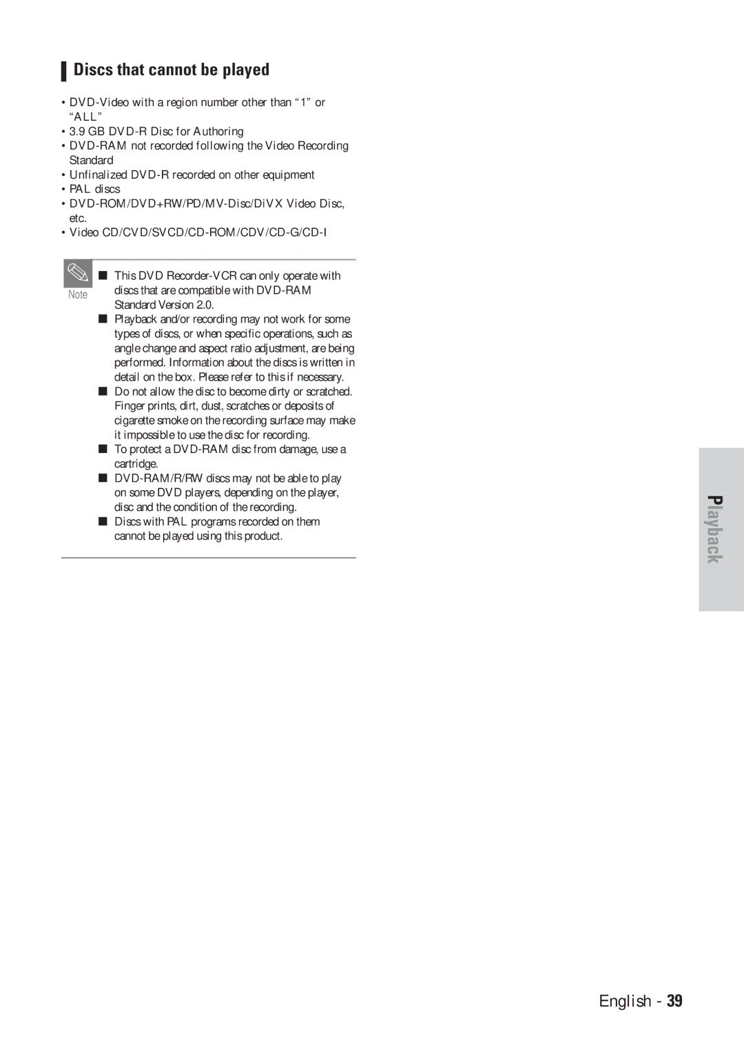 Hitachi DVRF7U instruction manual Discs that cannot be played, To protect a DVD-RAM disc from damage, use a cartridge 