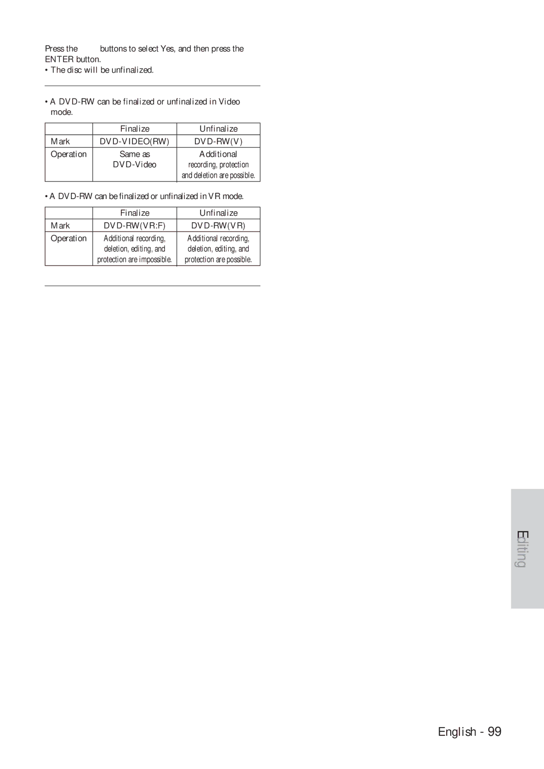 Hitachi DVRF7U instruction manual Operation Same as Additional DVD-Video, DVD-RW can be finalized or unfinalized in VR mode 