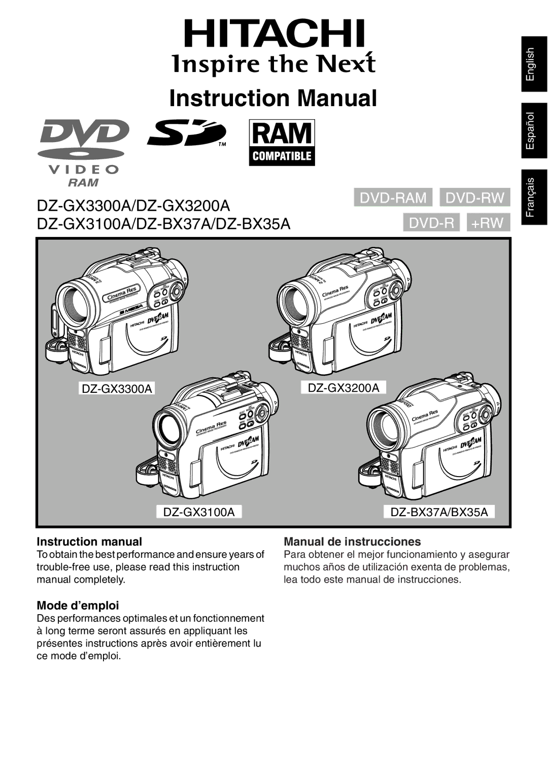 Hitachi DZ-B35A instruction manual Manual de instrucciones, Mode d’emploi 