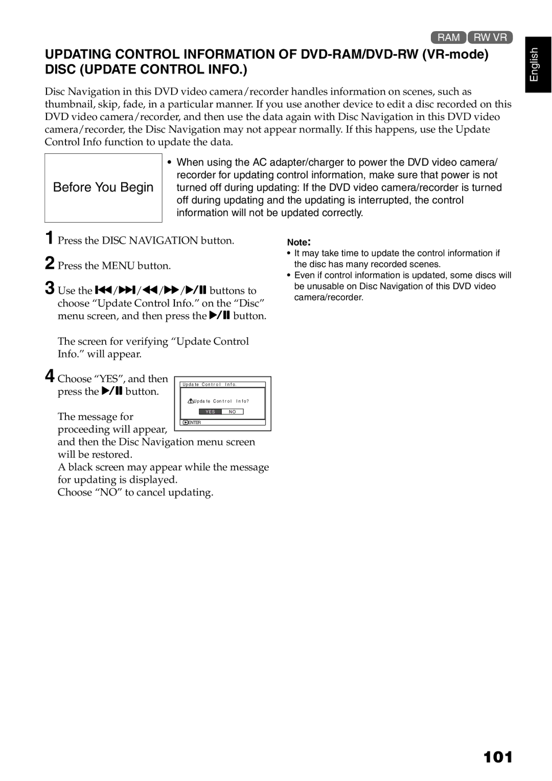 Hitachi DZ-B35A instruction manual 101, Updating Control Information of DVD-RAM/DVD-RW VR-mode, Disc Update Control Info 