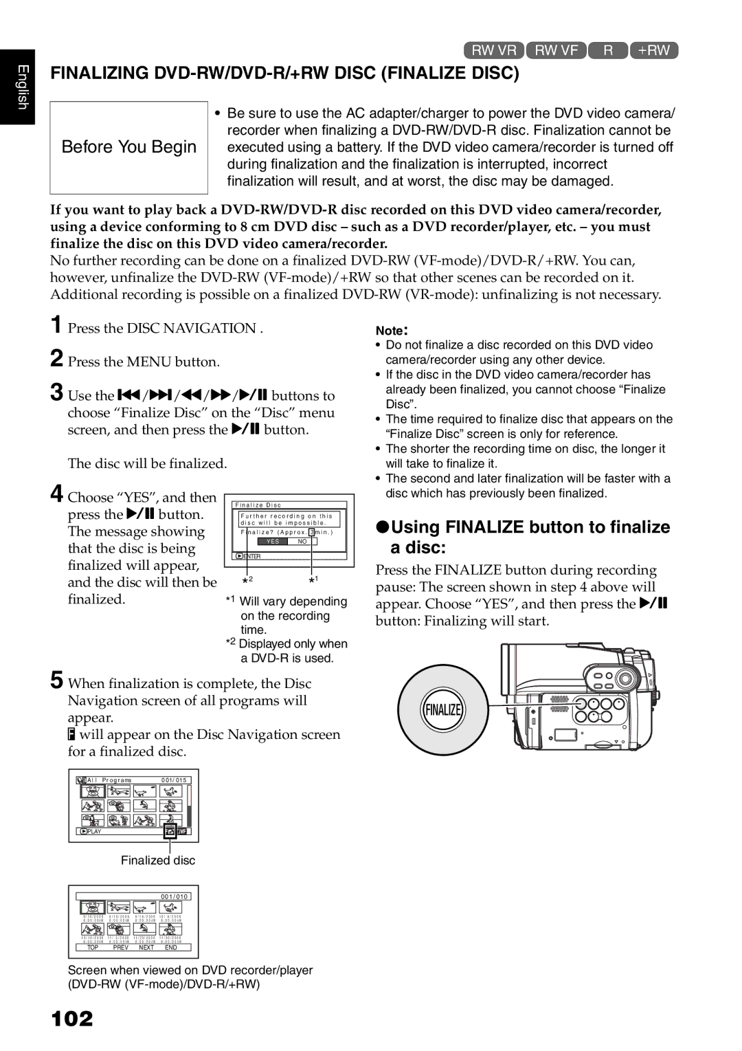 Hitachi DZ-B35A 102, Finalizing DVD-RW/DVD-R/+RW Disc Finalize Disc, Using Finalize button to finalize a disc 