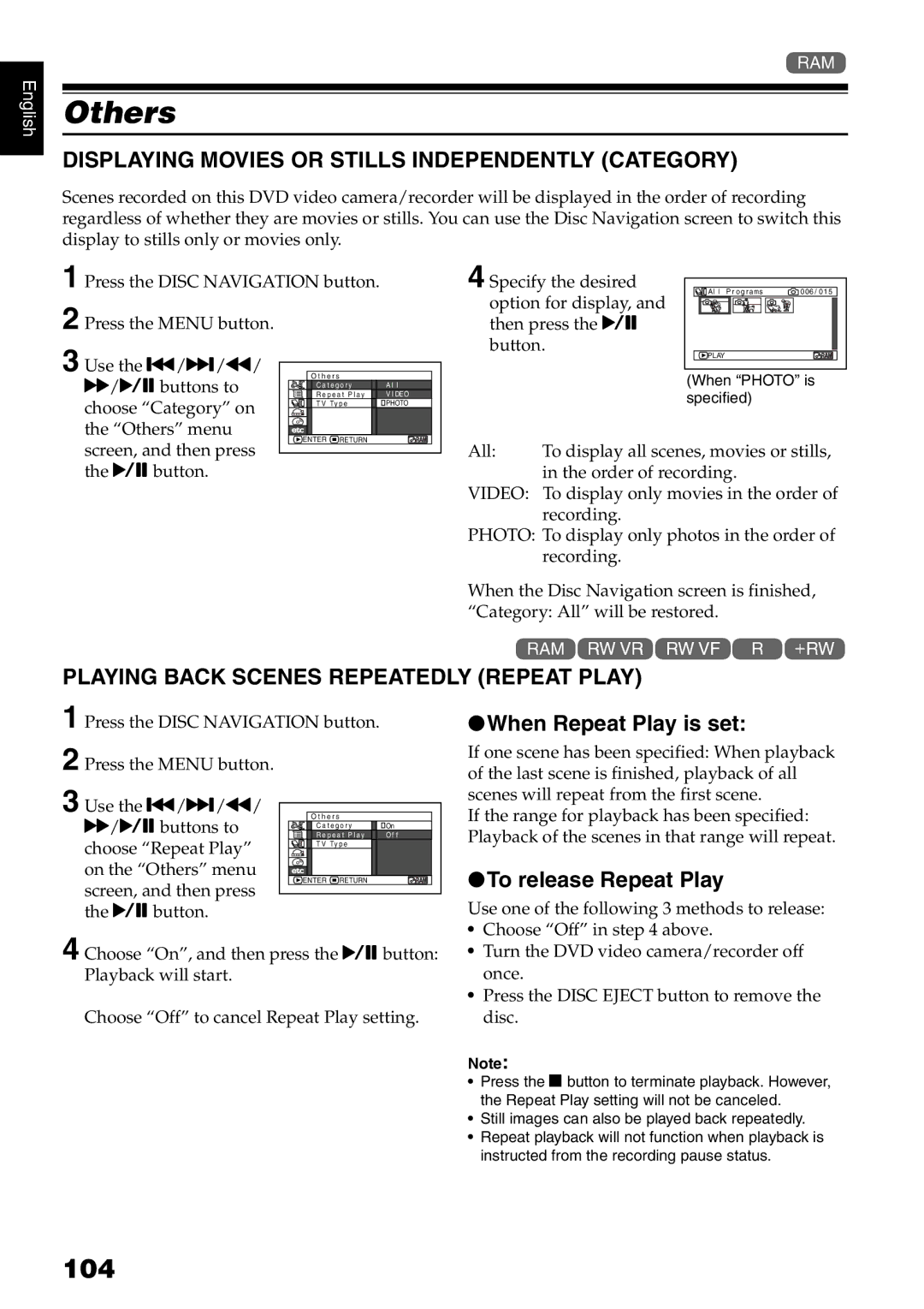 Hitachi DZ-B35A instruction manual Others, 104, Displaying Movies or Stills Independently Category 