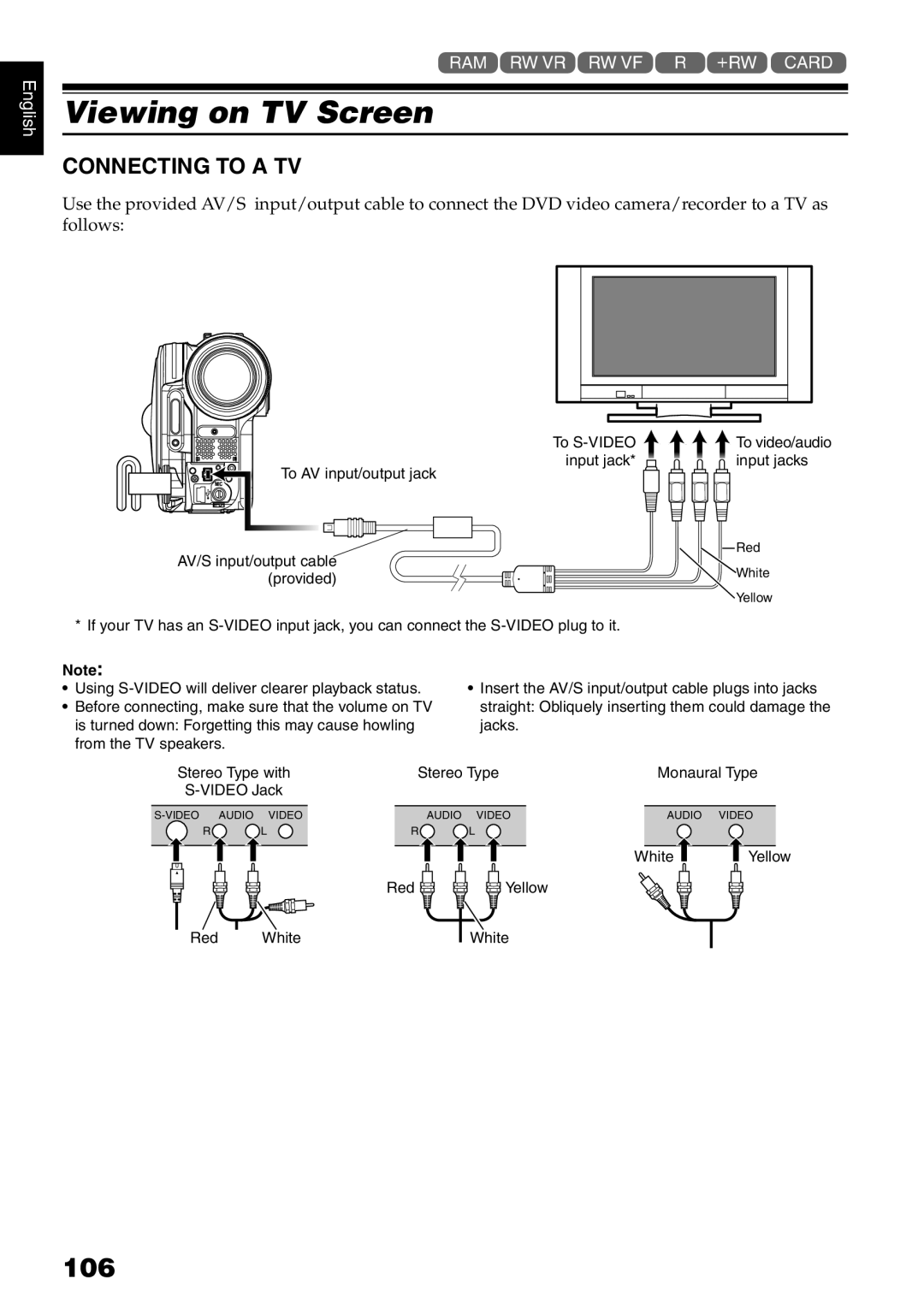 Hitachi DZ-B35A instruction manual Viewing on TV Screen, 106, Connecting to a TV 