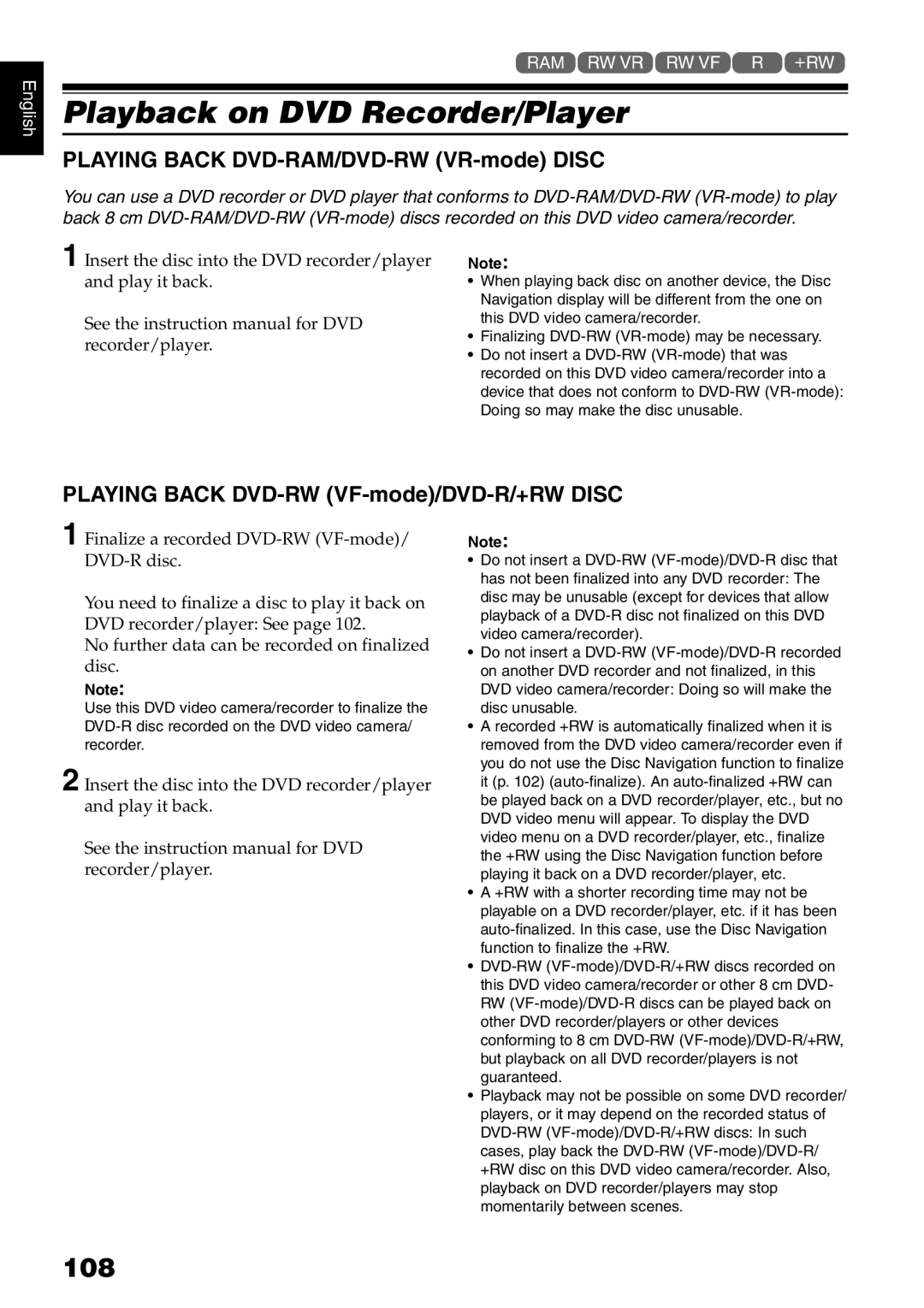Hitachi DZ-B35A instruction manual Playback on DVD Recorder/Player, 108, Playing Back DVD-RAM/DVD-RW VR-mode Disc 