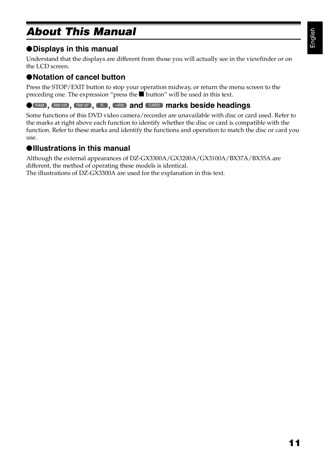 Hitachi DZ-B35A About This Manual, Displays in this manual, Notation of cancel button, 3marks beside headings 